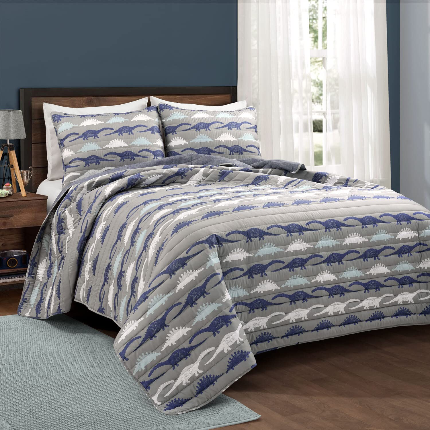 Lush Decor Stone Age Dinosaur Quilt Set - 3 Piece Reversible Kids Bedding (Full/Queen Size) in Navy, Gray & Toddler Blue - Perfect for Boys' Bedrooms, Nursery Decor & Dinosaur Theme Rooms