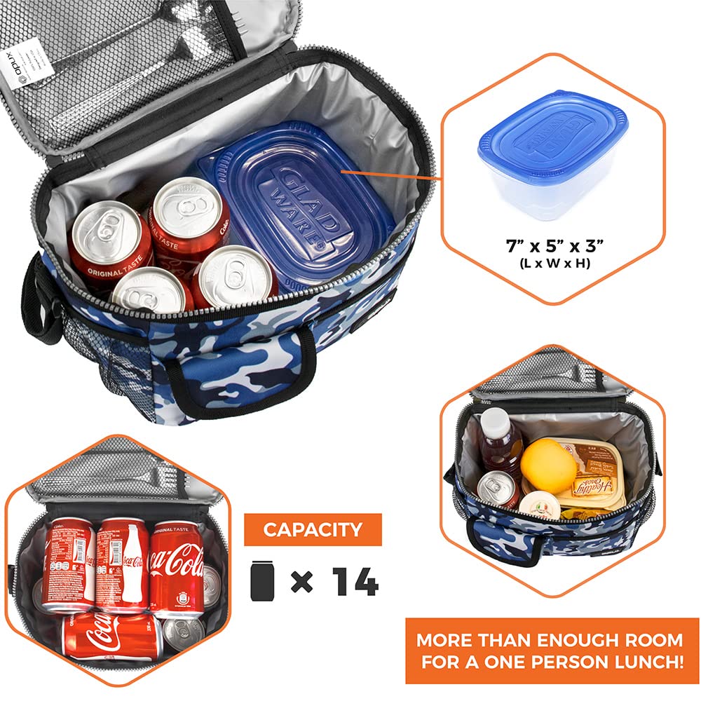 Opux Insulated Lunch Bag for Men & Women - Leakproof Camo Blue Lunch Box for Work, School & Picnics - Portable Soft Cooler Bag with Shoulder Strap - Adult & Kids Lunchbox Holds 14 Cans/8L - Perfect for Office, Hiking, Camping & Daily Commute