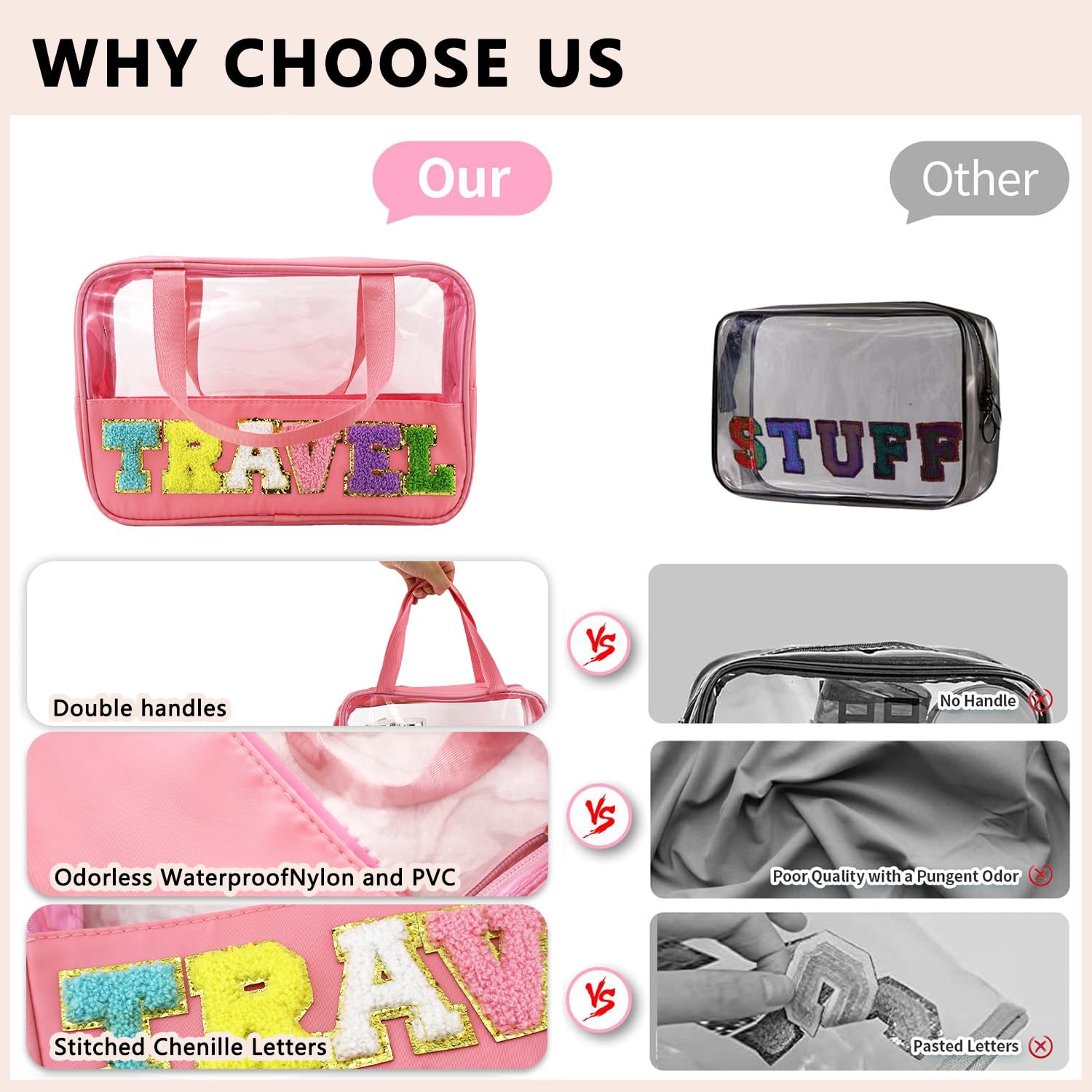 Preppy Pink Letter Patch Clear Makeup Bag - Waterproof Travel Toiletry & Cosmetic Organizer with Handle for Women & Girls - Perfect for Beach, Gym, School & Travel Storage - Large Snacks & Essentials Pouch