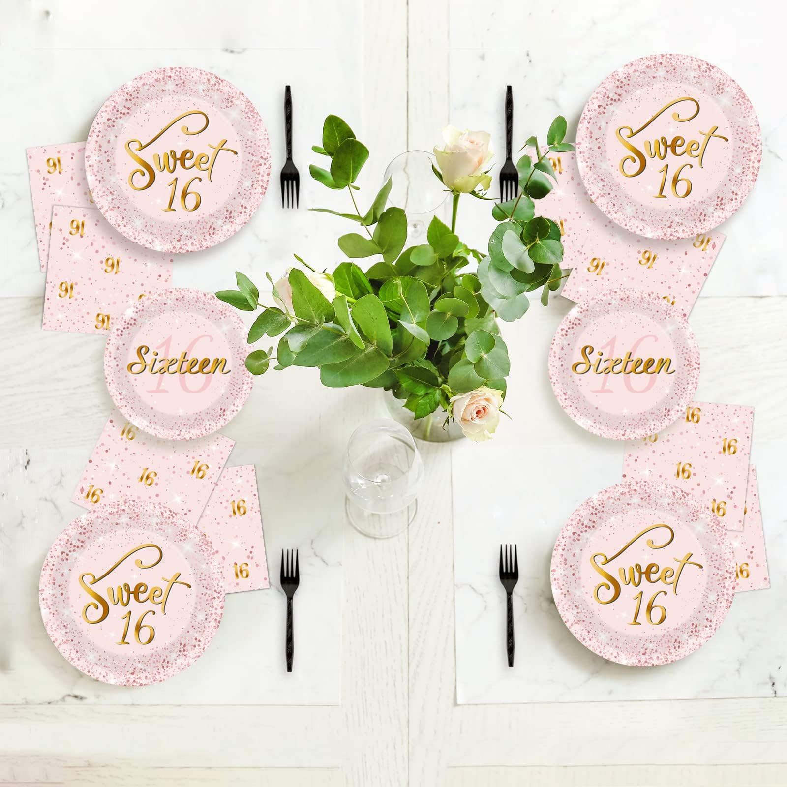96 Pcs Rose Gold Sweet 16 Birthday Party Plates & Napkins Set - 16th Birthday Party Decorations, Tableware & Favors for Girls - Serves 24 Guests - Perfect for Sweet Sixteen Party, Quinceañera, Teen Birthday Celebrations