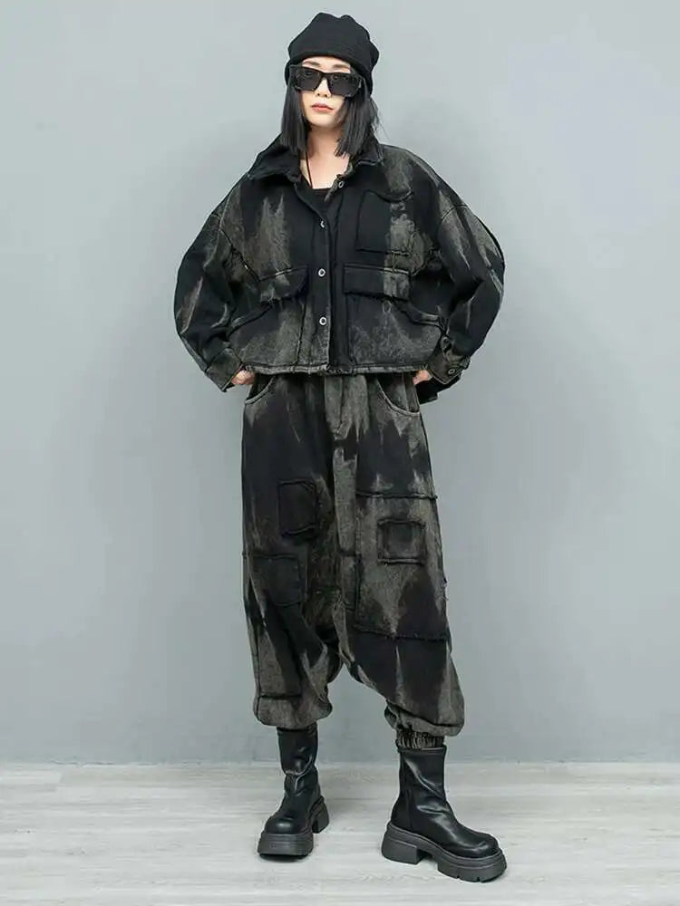 Big Size Casual Jacket & Wide Leg Pants Two-Piece Suit for Women - Lapel Long Sleeve Fashion Set Spring Autumn 2025 (1DH9185) | Office Wear, Dating Outfits & Casual Chic Style