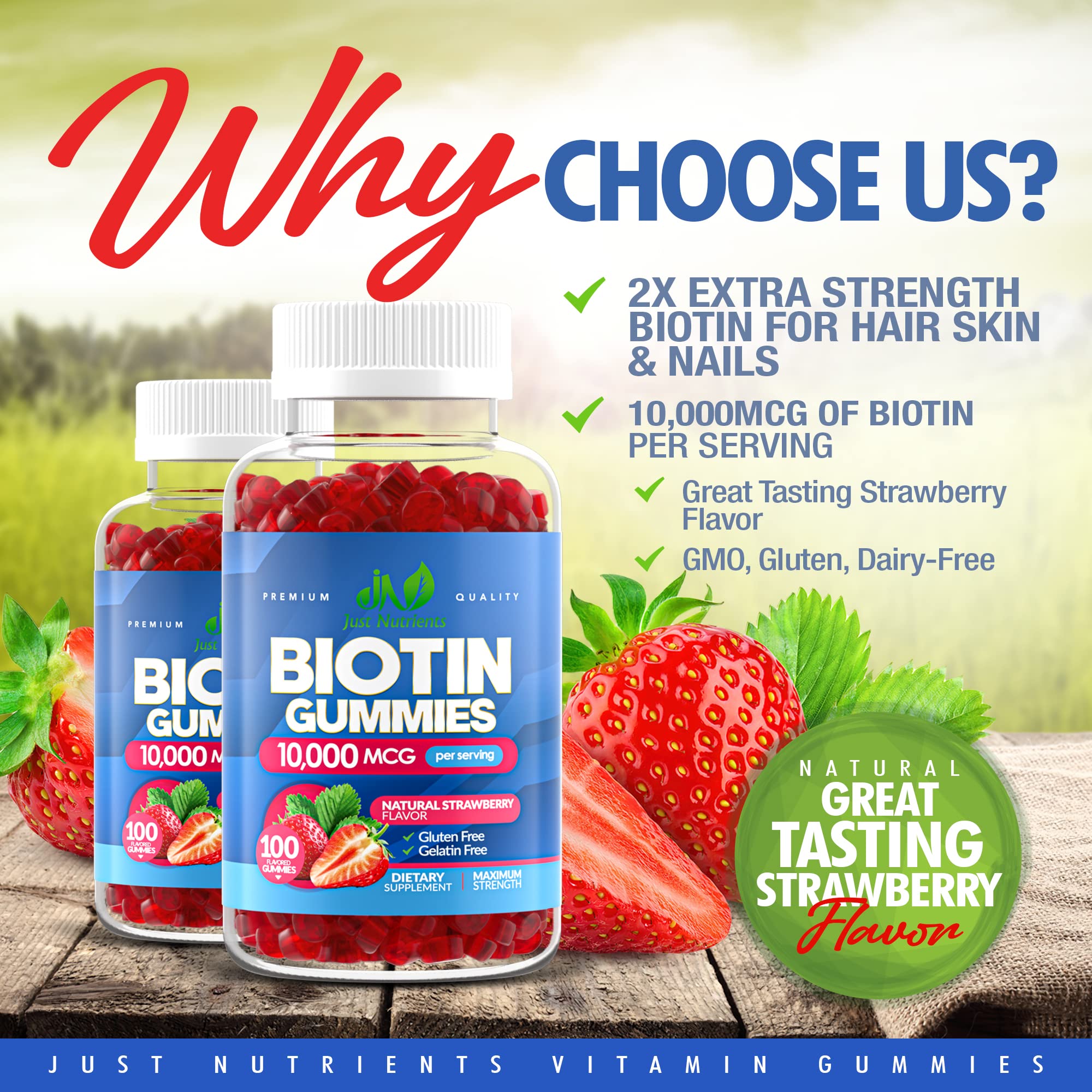 10,000mcg Biotin Gummies for Hair Growth, Skin & Nails (100 Count) - Maximum Strength Vegan Supplement for Women & Men - Gluten-Free, Non-GMO, Delicious Strawberry Flavor - Perfect for Daily Beauty Routine & Healthy Lifestyle