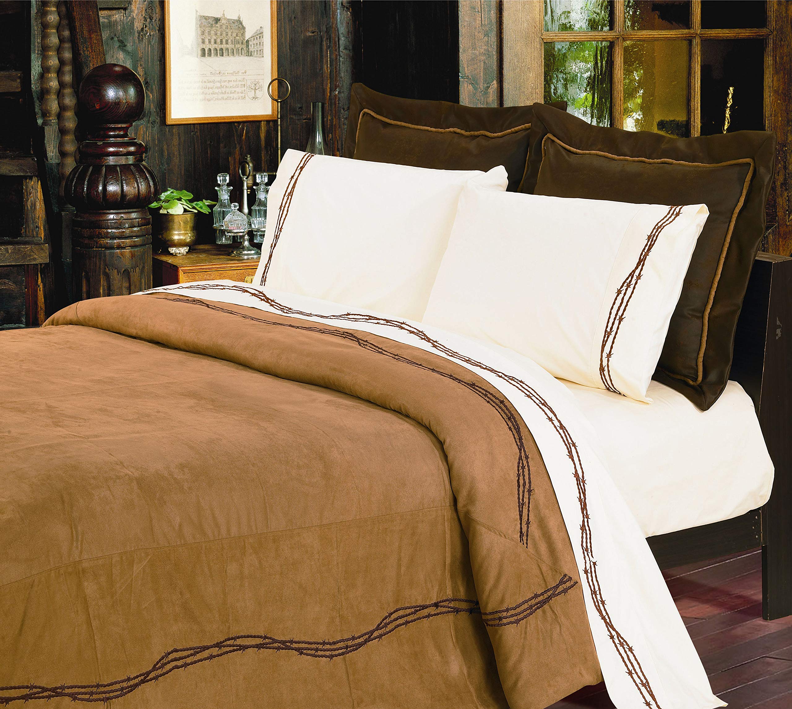 HiEnd Accents Barbwire Western Bedding 5-Piece Twin Comforter Set - Tan Faux Leather Rustic Cabin Theme with Bed Skirt, Sham & Decorative Pillows | Warm Winter Bedding for Cozy Cabin Retreats & Western-Themed Bedrooms