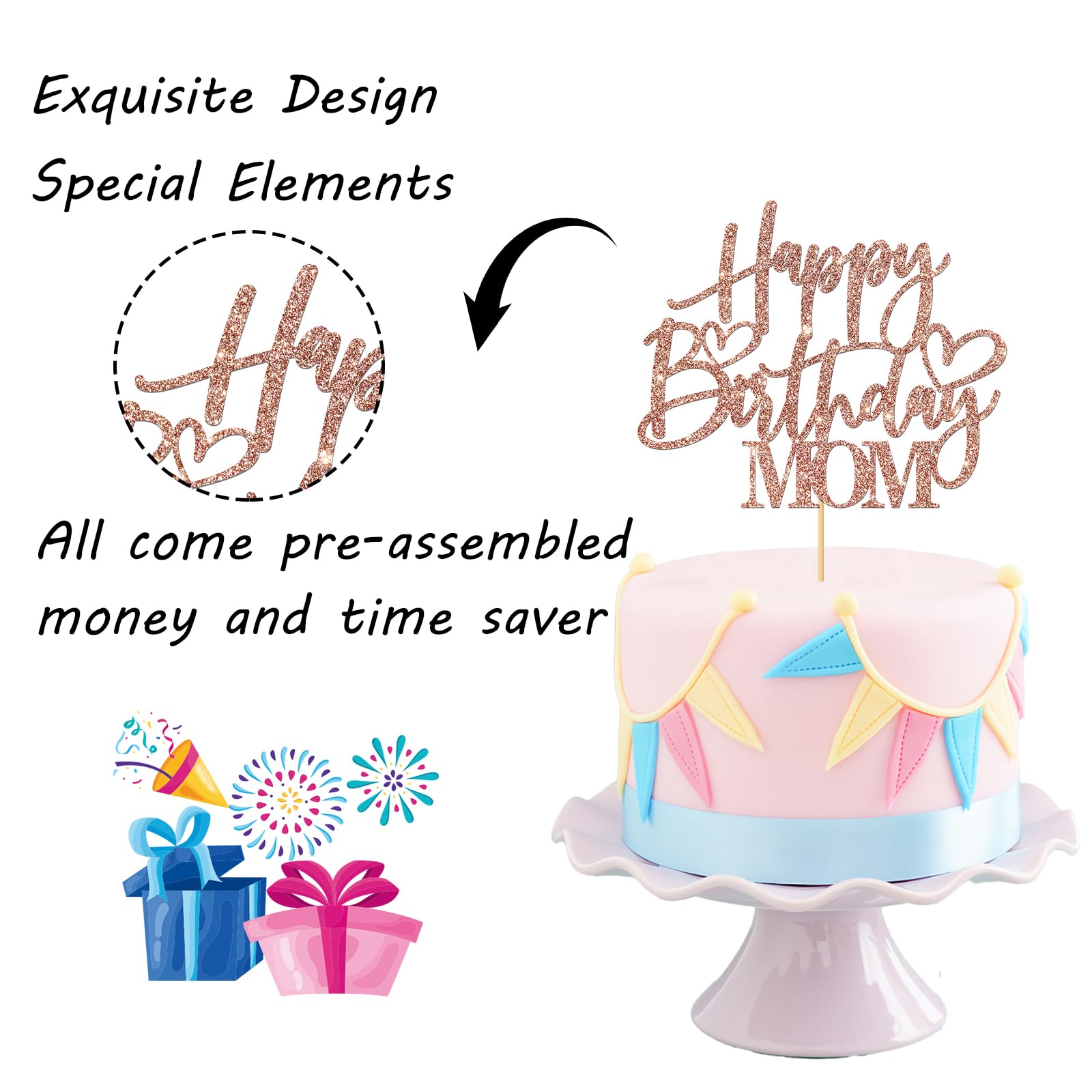 Happy Birthday Mom Cake Topper - Rose Gold Glitter Mother's Birthday Party Decorations - Women's Birthday Party Supplies - Perfect for Mother's Day, Anniversary & Special Celebrations