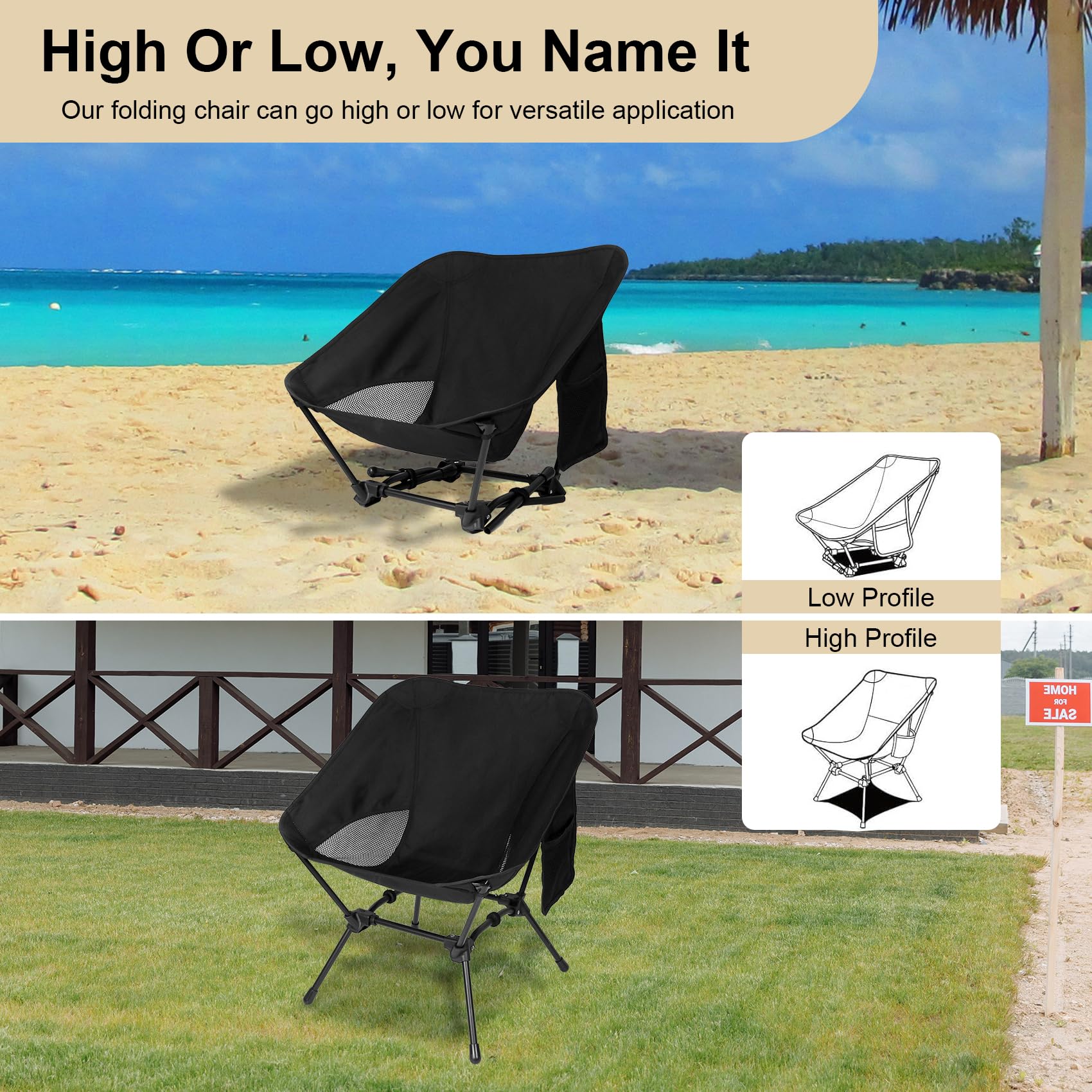**Dreamoon Lightweight Foldable Camping Chair - Portable Backpack Chair with Side Pockets & Carry Bag, Adjustable Height Compact Outdoor Chair for Camping, Beach, Picnic, Hiking, Fishing, Travel - Perfect for Backyard BBQs, Tailgating & Outdoor Concerts - Black**