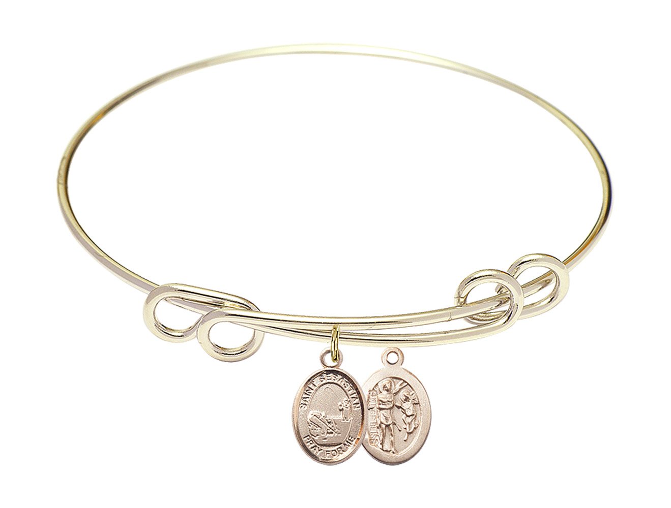 8 1/2 Inch Round Double Loop Bangle Bracelet with St. Sebastian Fishing Charm - Elegant Jewelry for Women, Perfect Gift for Birthday, Anniversary & Everyday Wear (Fishing Enthusiast, Religious Jewelry, Fashion Accessory)