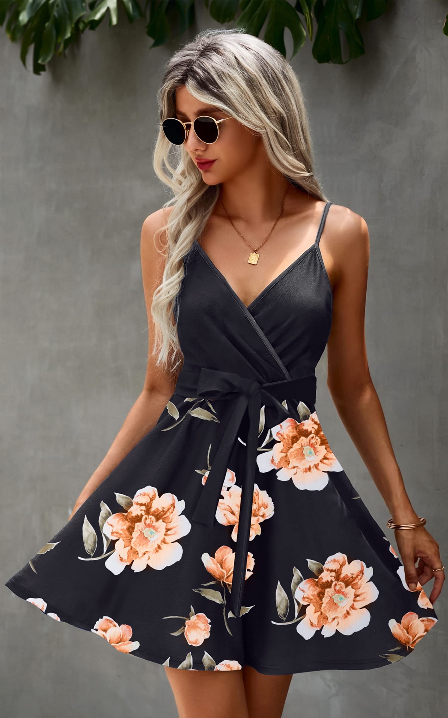 ECOWISH Women's Summer Dress 2025 - V-Neck Spaghetti Strap Lace Mini Dress with Bowknot Backless Design | Perfect for Beach Vacations, Date Nights & Summer Parties