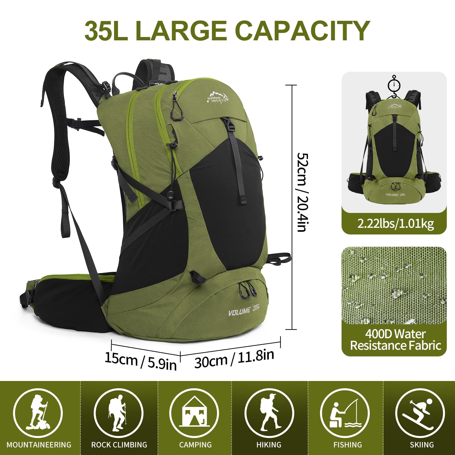 **35L Waterproof Hiking Backpack with 3L Hydration Bladder & Rain Cover - Lightweight Daypack for Camping, Trekking & Outdoor Adventures - Men & Women (Dark Green) - Perfect for Day Hikes, Travel & Backpacking**