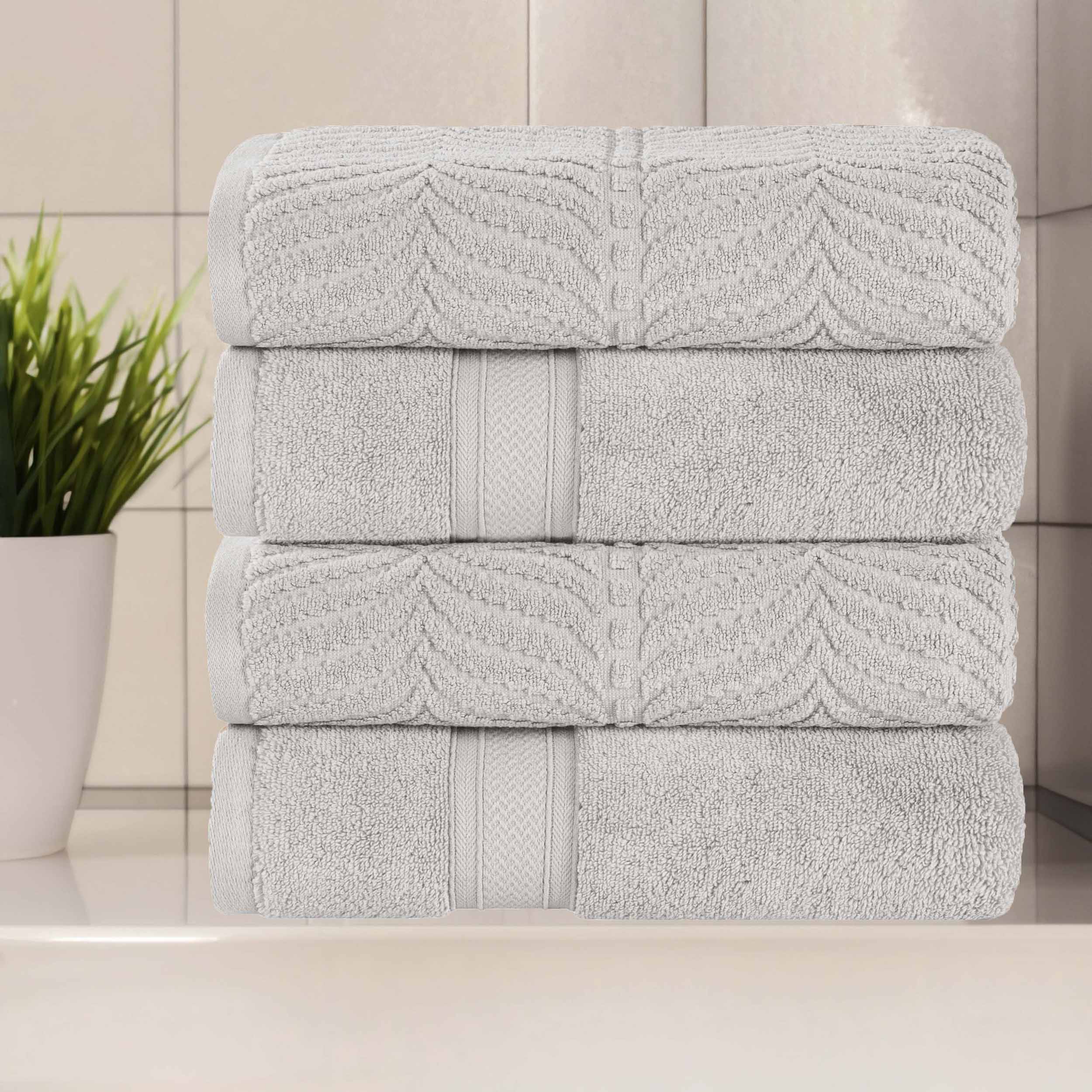Premium 100% Zero Twist Cotton Bath Towel Set of 4 - Ultra Soft & Absorbent Solid & Jacquard Chevron Design - Luxury Spa, Bathroom & Beach Essentials