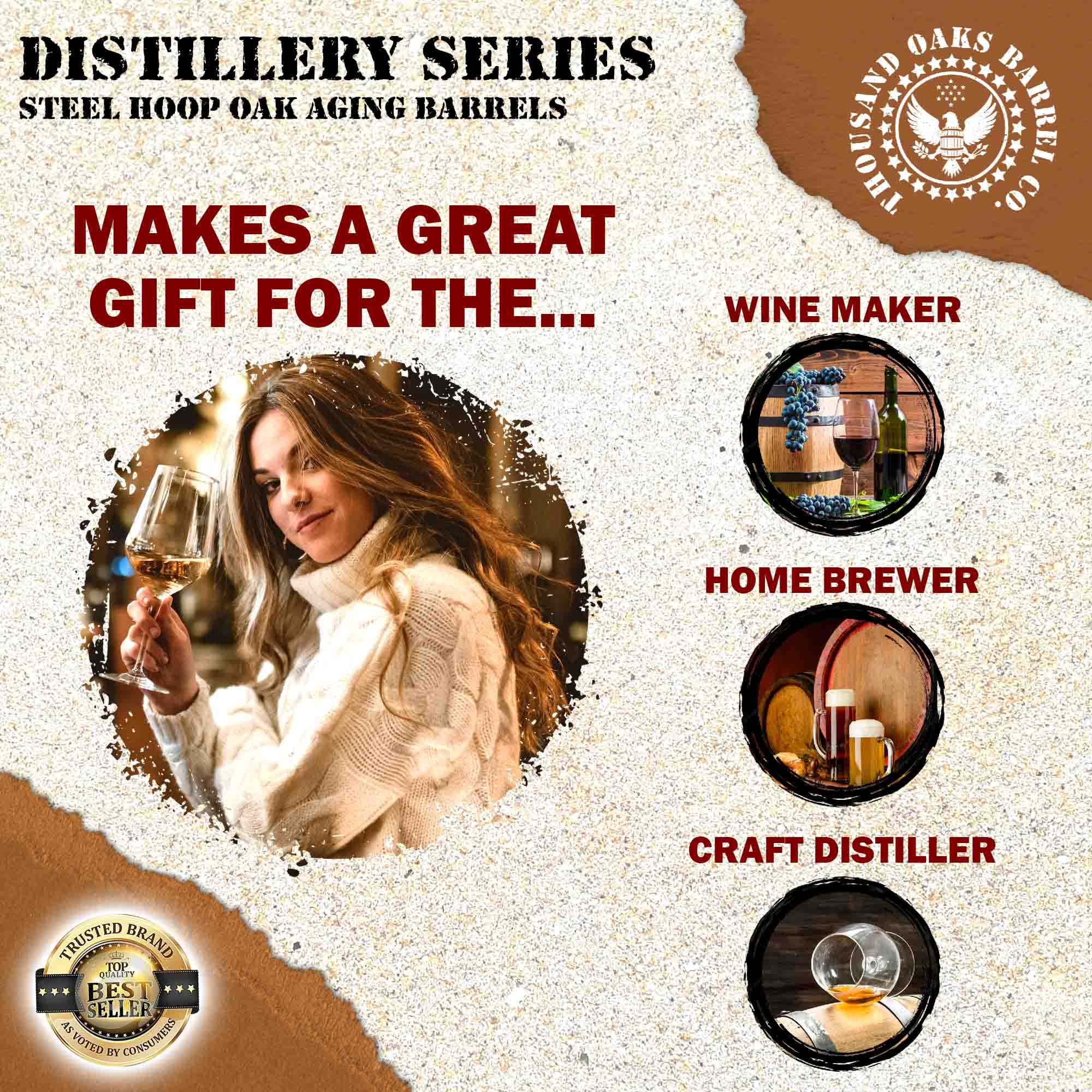 1 Gallon Oak Aging Barrel for Bourbon, Whiskey & Wine - Distillery Series with Steel Hoops, Unvarnished Finish - Includes Wood Stand, Bung & Spigot - Perfect for Home Brewers, Distillers & Winemakers - Ideal for Aging Spirits, Craft Cocktails & Home Bar Decor