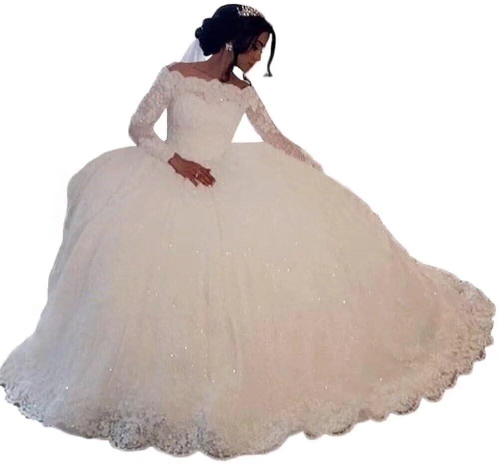 XYAYE Off Shoulder Lace Wedding Dress with Sequins - Elegant Long Sleeve Bridal Gown for Beach Summer Weddings, Boho Bride Dress for Outdoor Ceremony & Photoshoot