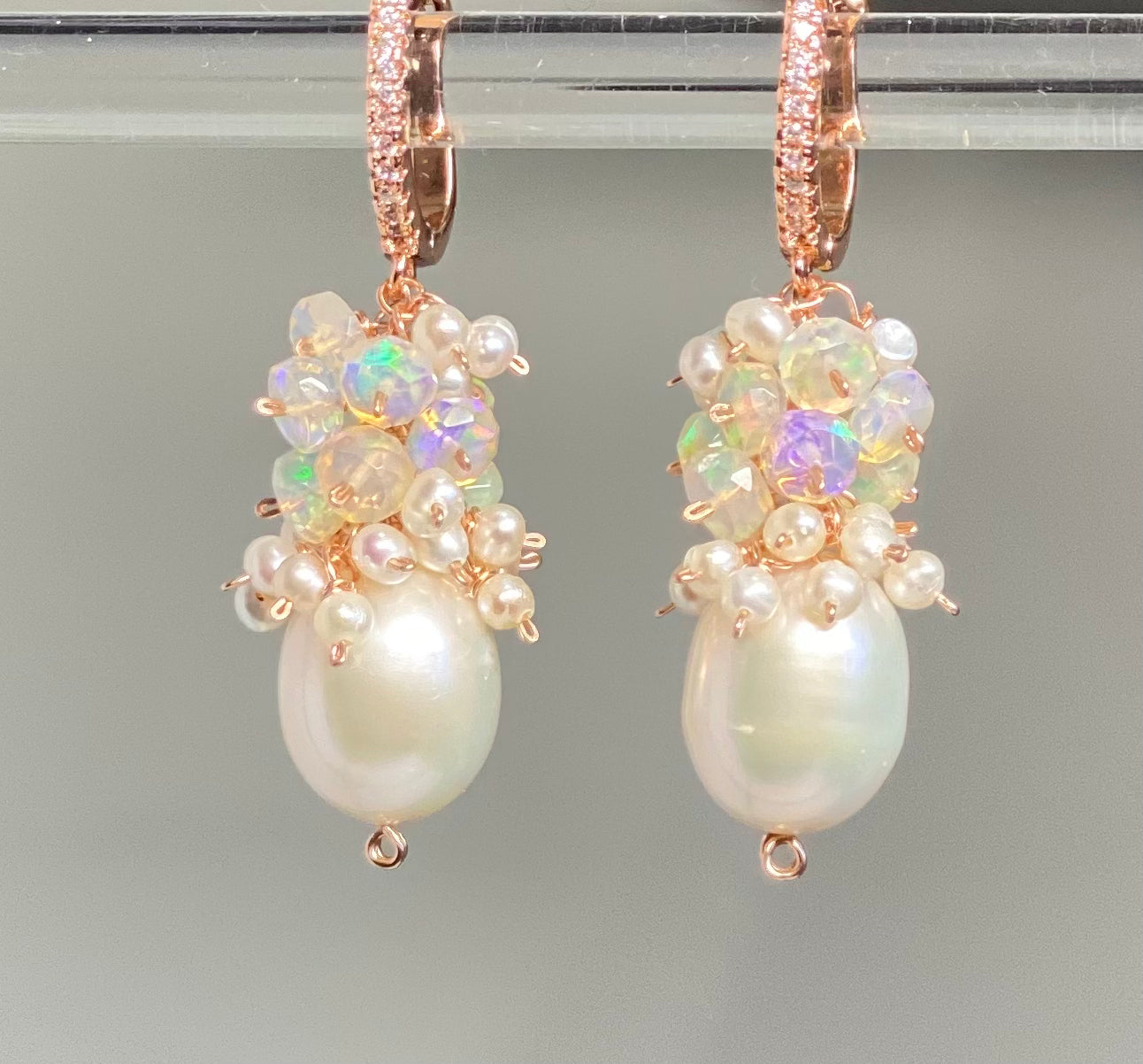Pearl and Opal Cluster Earrings in Rose Gold Fill - Elegant Dangle Drop Earrings for Women, Perfect for Weddings, Parties & Special Occasions
