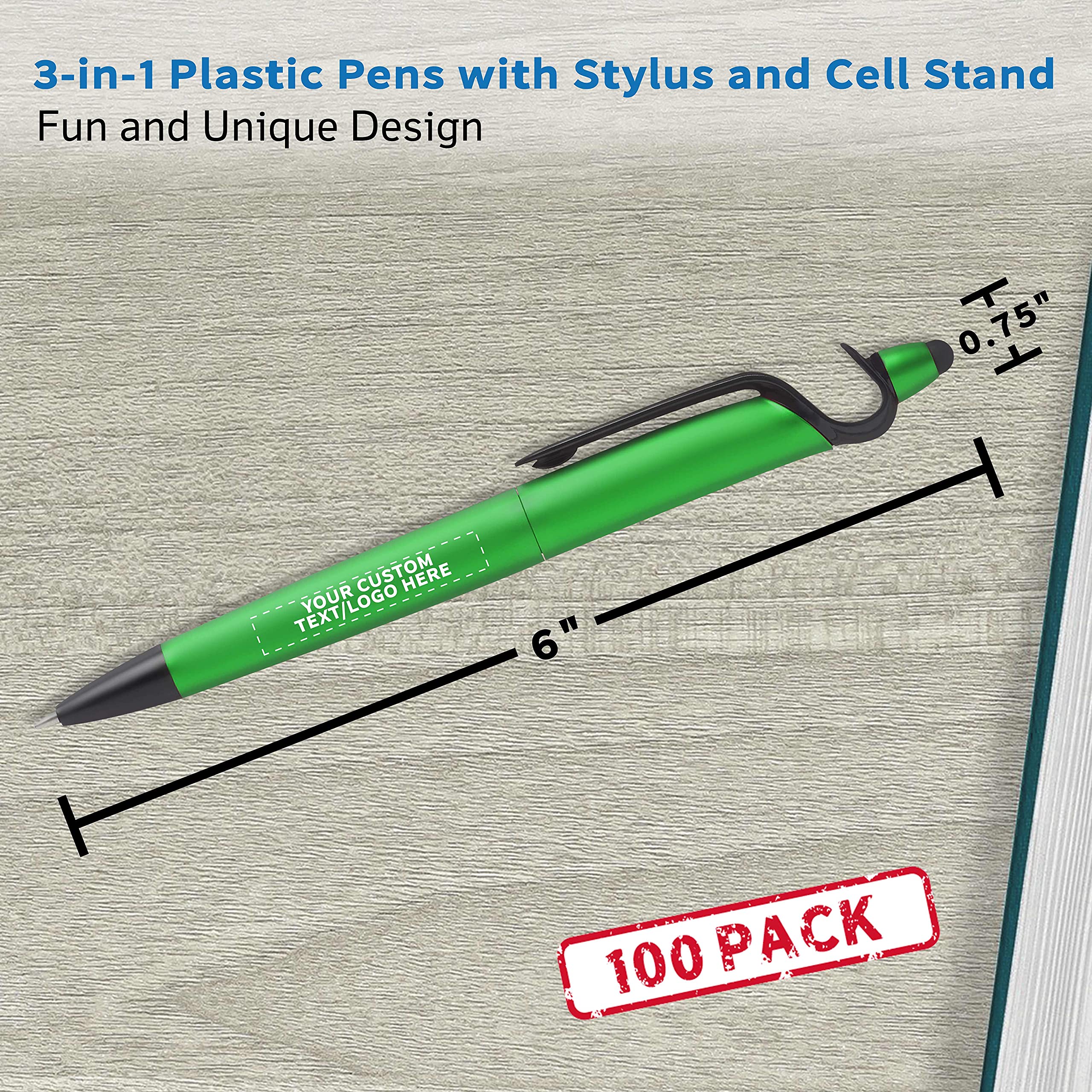 100 Pack 3-in-1 Plastic Pens with Stylus & Phone Stand - Custom Text/Logo - Ballpoint Black Ink Pens - Office Supplies, Business Promotions, Giveaways, Trade Shows