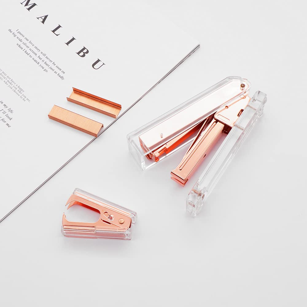 Rose Gold & Clear Acrylic Office Stapler and Staple Remover Set - Premium Executive Desk Stapler with Remover Tool for Paper Documents, School & Office Supplies - Perfect for Home Office, School Projects & Professional Workspaces