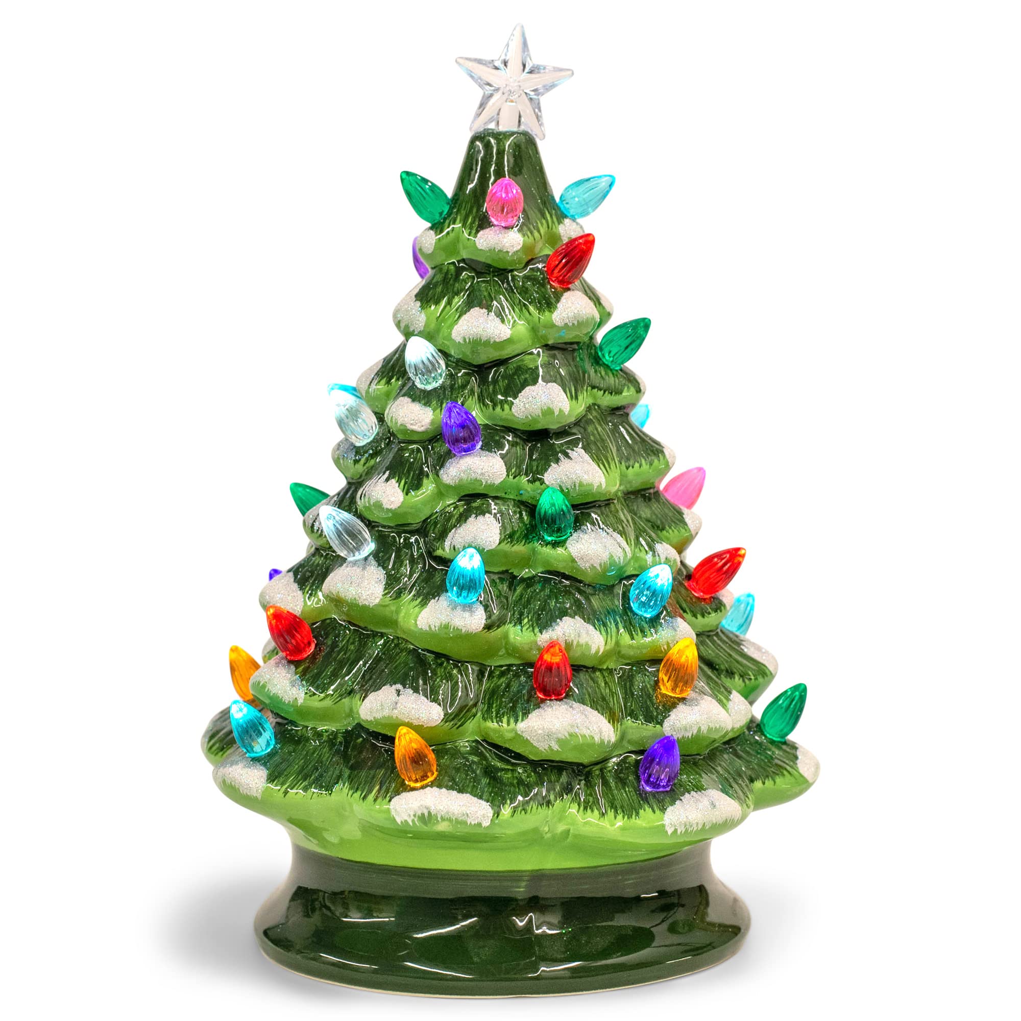 RAZ Imports 2022 Vintage Snowy Green Lighted Christmas Tree with Timer - 10 Inch Holiday Home Decor for Mantel, Tabletop & Winter Wonderland Displays