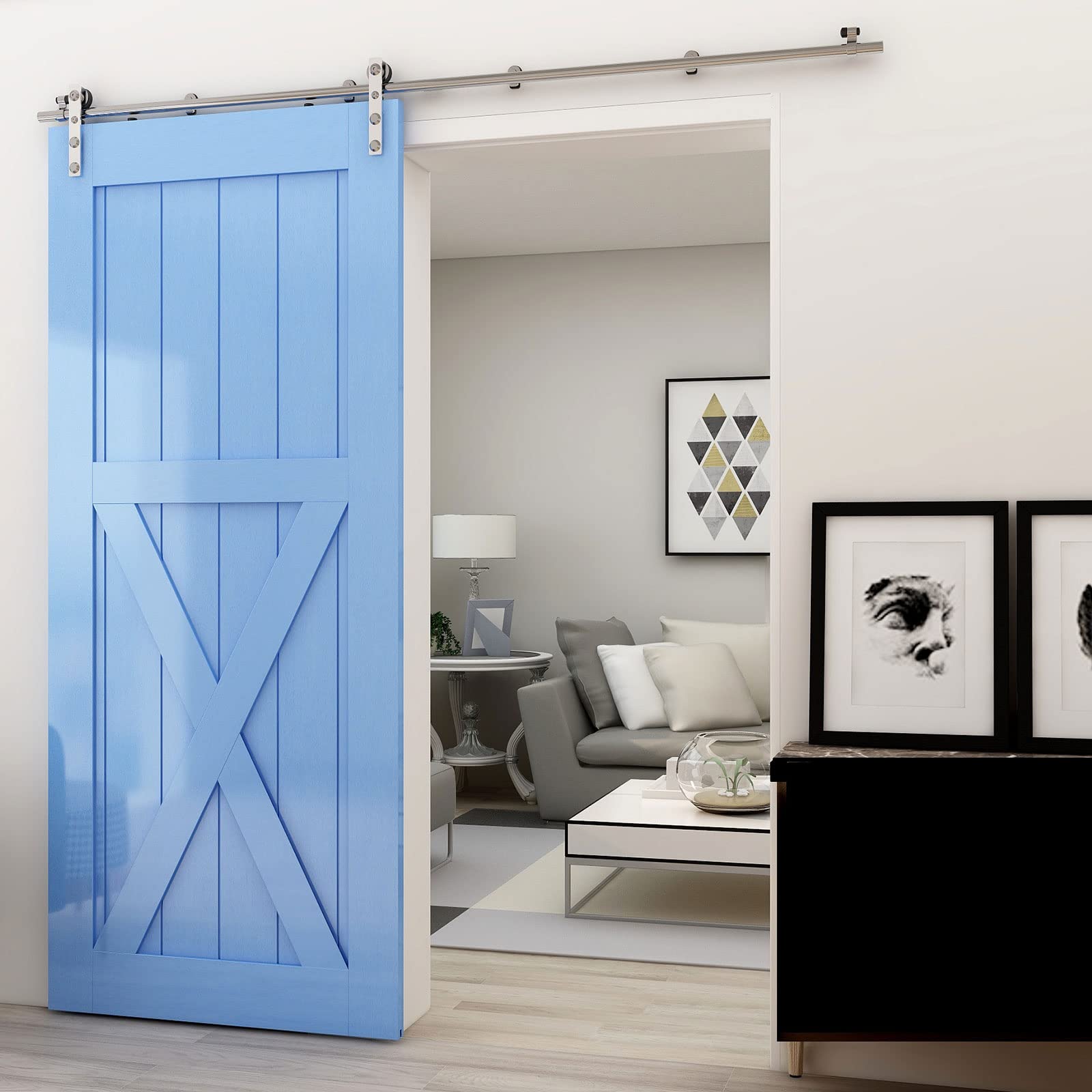 11FT Heavy Duty Stainless Steel Sliding Barn Door Hardware Kit for Single Wooden Door - Flat Shape Hanger - Perfect for Farmhouse, Loft & Rustic Home Decor