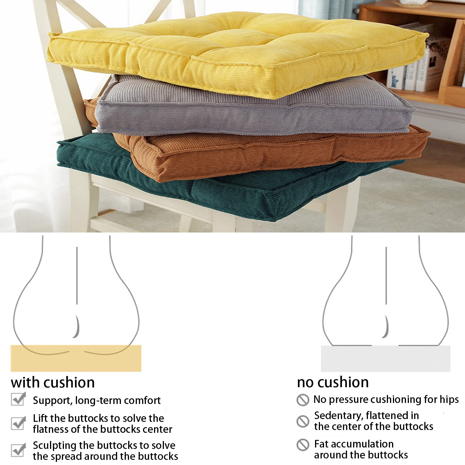 Square Corduroy Chair Cushion Pad - Solid Tufted Seat Cushion Set of 2 (20in/50cm) for Dining Chairs, Office Chairs, Car Floor & Outdoor Patio - Perfect for Home, Office, and Outdoor Relaxation