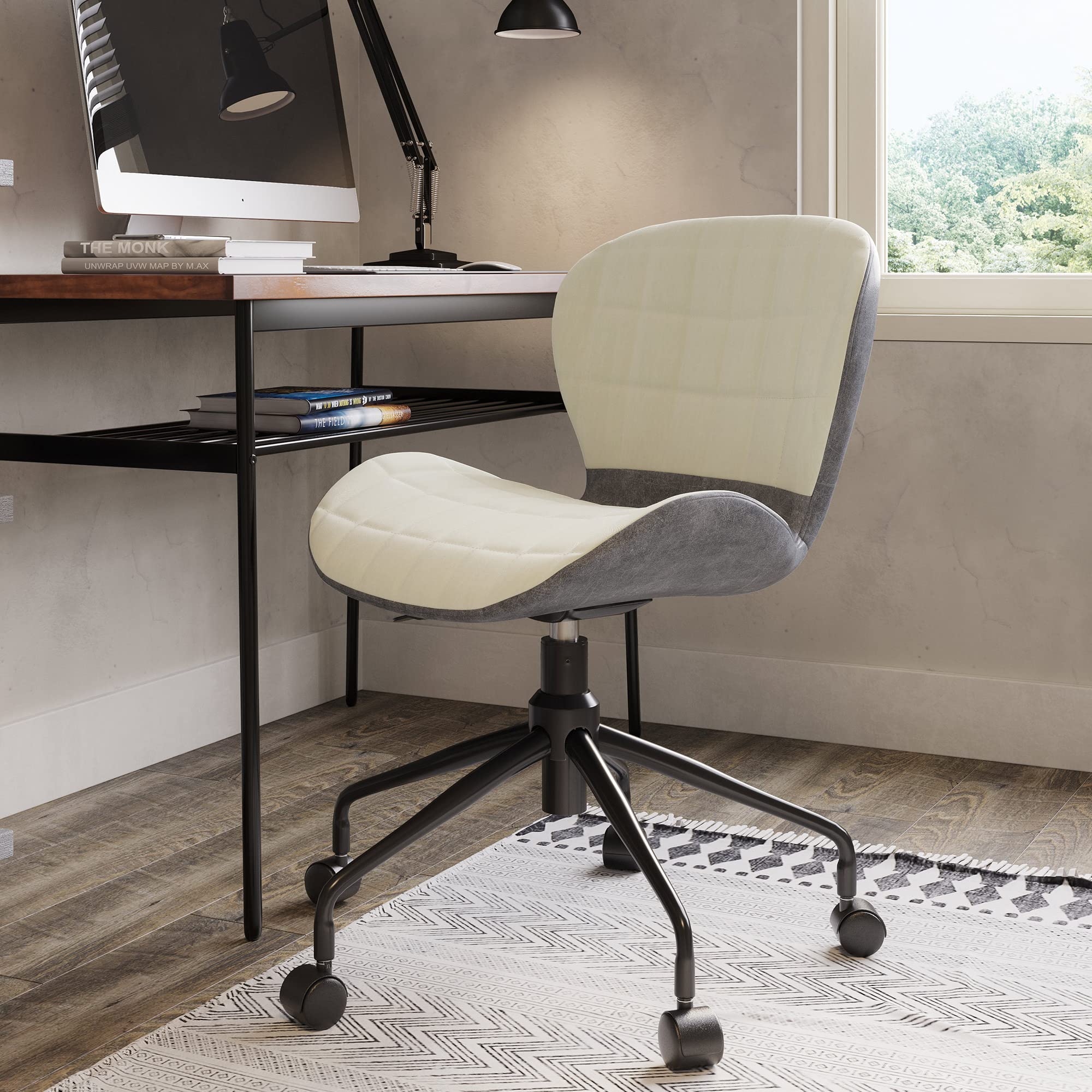 BELLEZE Modern Upholstered Linen Desk Chair with Swivel Wheels & Adjustable Height - Ergonomic Rolling Office Task Chair for Home Office, Gaming, Study & Vanity Seating - Melina (Gray & Beige)