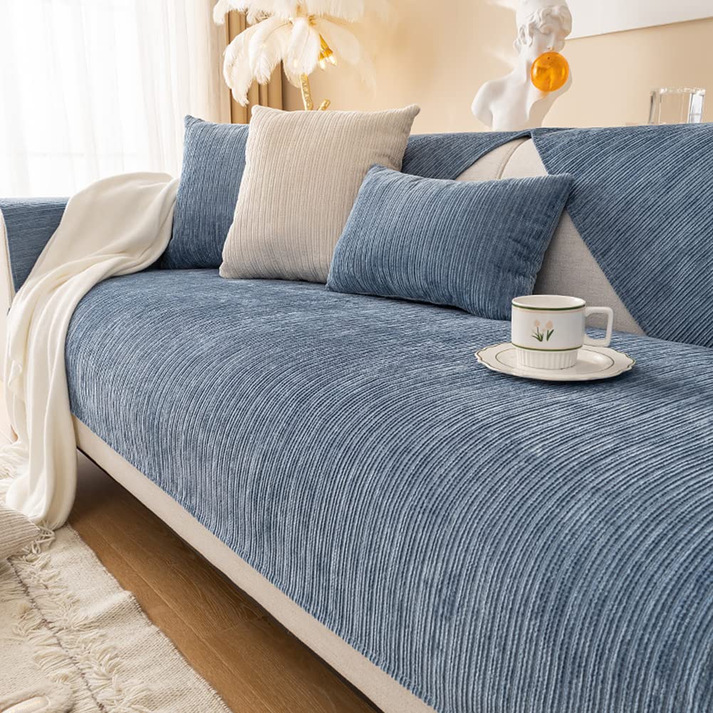 VCTOPS Soft Chenille Sofa Couch Cover - Washable Anti-Slip Sectional Slipcover for Pets (Blue, 27