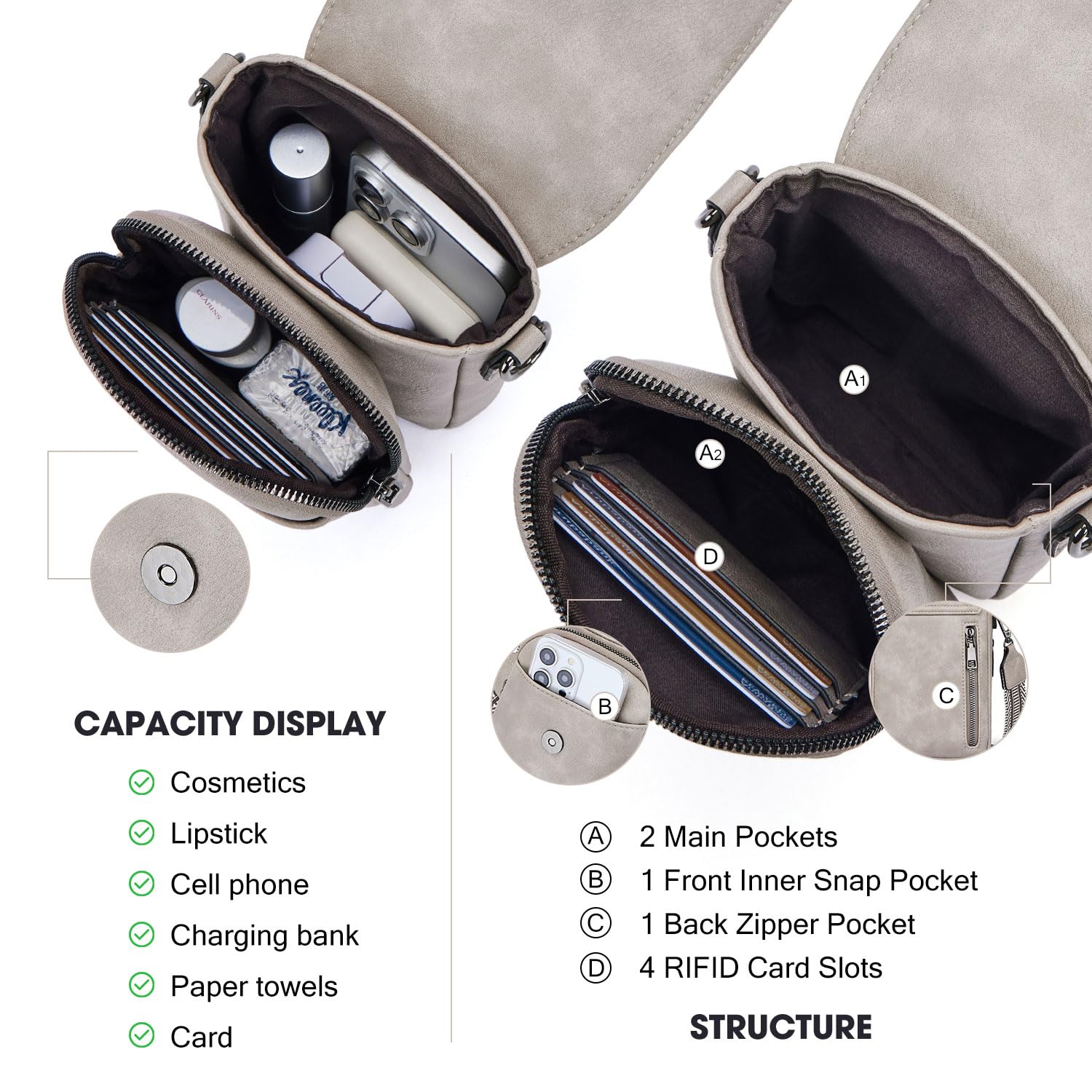 POIUGOYA Women's Small Leather Crossbody Bag - Trendy Triple Compartment Phone Purse with Card Slots & RFID Protection | Perfect for Travel, Shopping, and Everyday Use