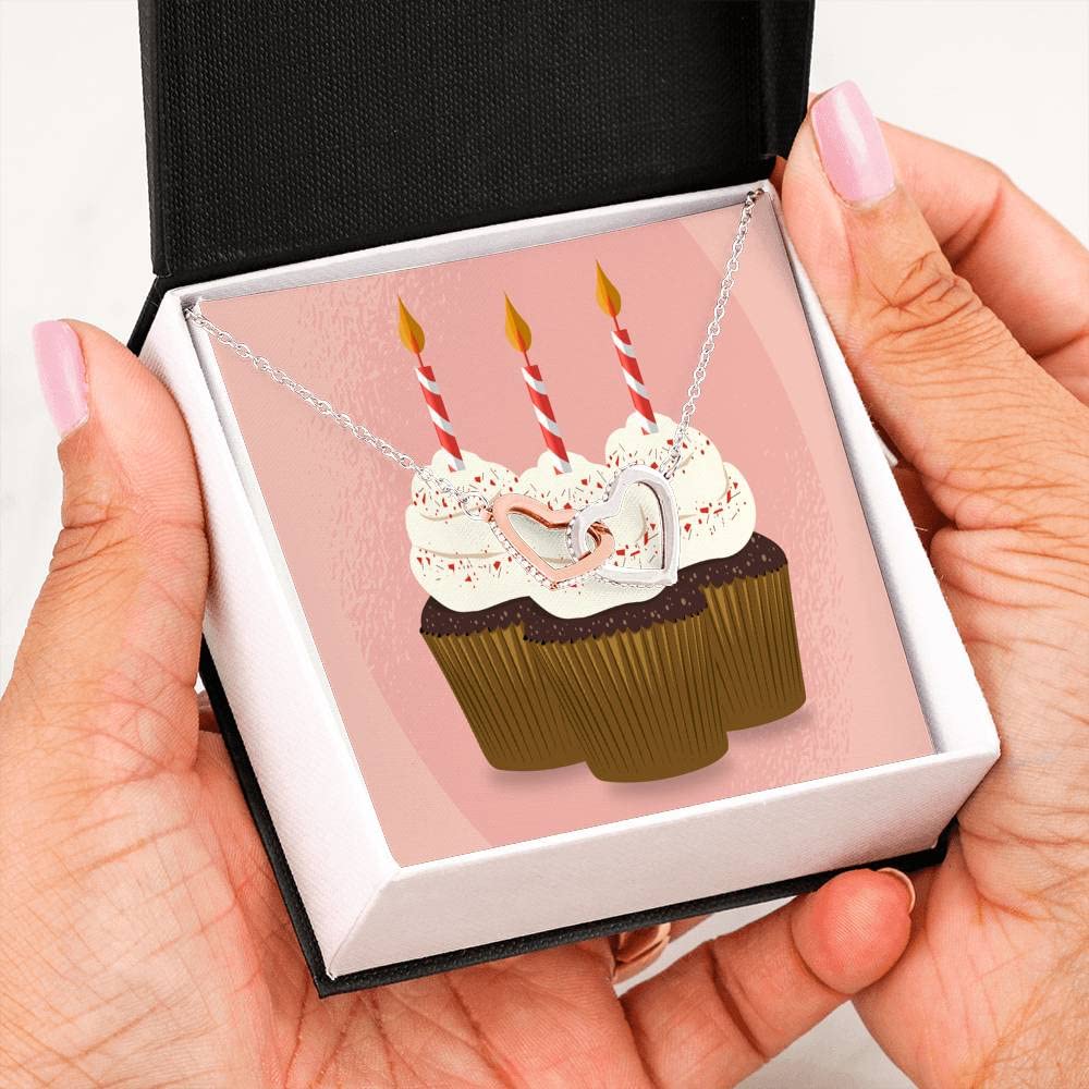 18k Rose Gold Inseparable Love Pendant Necklace with Birthday Cupcake Charm - 16