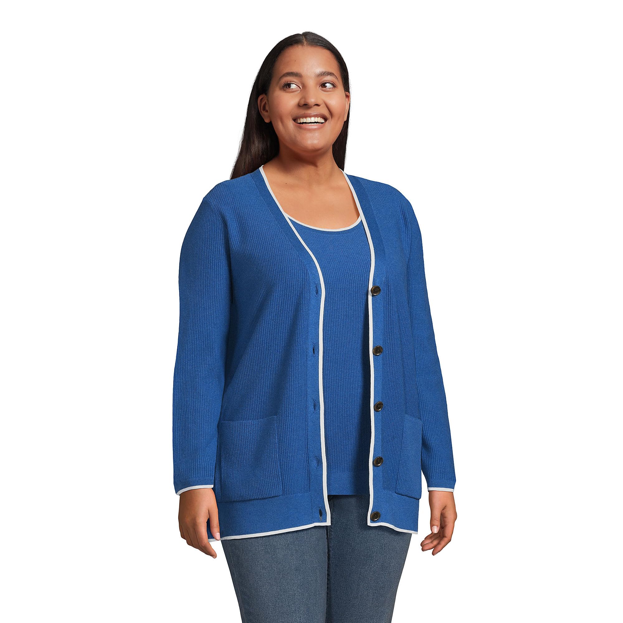 Lands' End Women's Fine Gauge Cotton Cardigan and Tank Sweater Set - Soft Knit Layering Outfit for Work, Casual & Fall Wardrobe