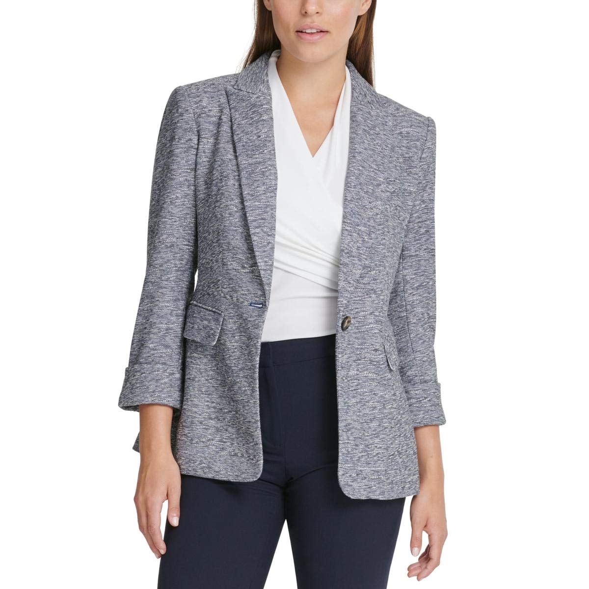 DKNY Women's Petite Marled One-Button Blazer Jacket - Slim Fit Stretch Wool Blend for Office Work & Business Meetings