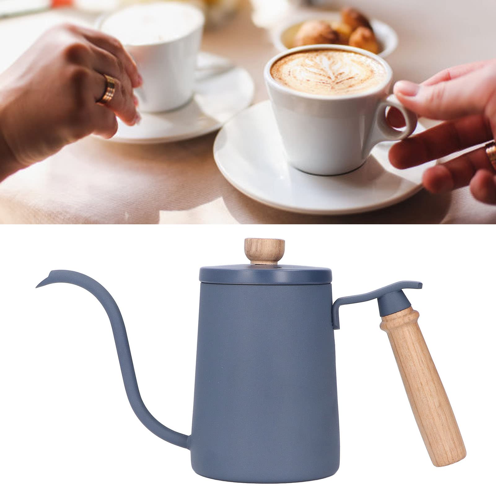 Premium 600ml Stainless Steel Gooseneck Pour Over Coffee Kettle with Wooden Handle & Vent Hole - Perfect for Pour Over Coffee, Tea Brewing, and Precise Water Control (Blue)