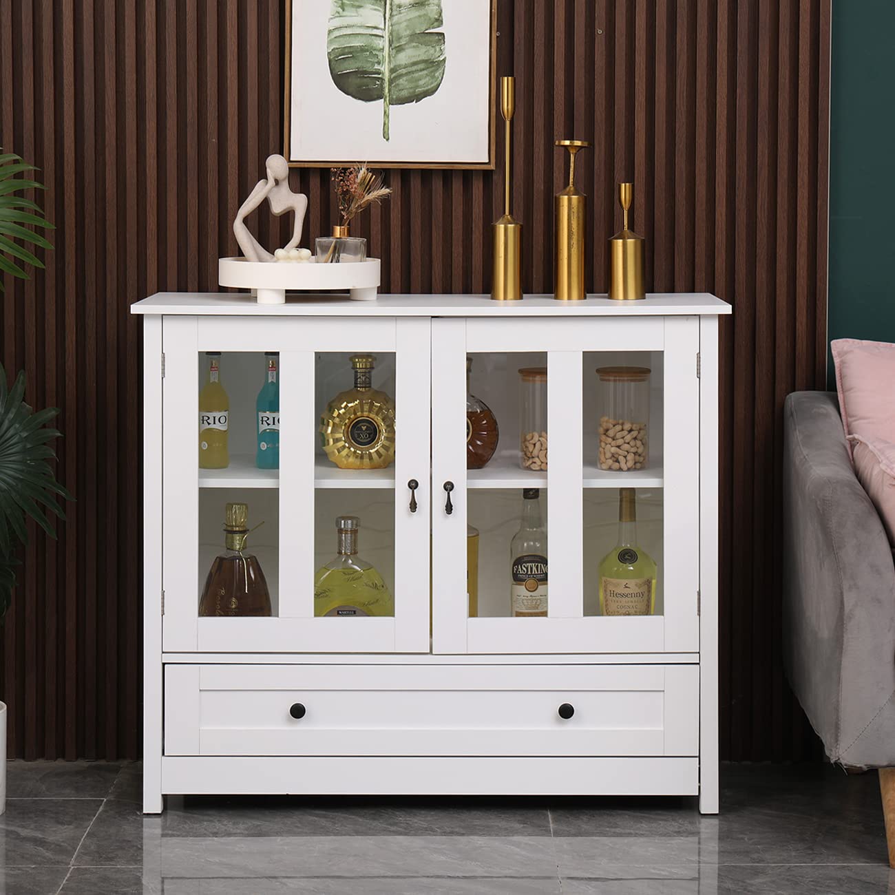 Solid Wood Wine Storage Cabinet with 2 Glass Doors & 4 Drawers - Modern Buffet Sideboard for Kitchen, Dining Room & Bar - Perfect for Entertaining & Organizing Wine Glasses, Bottles & Barware (White Finish)