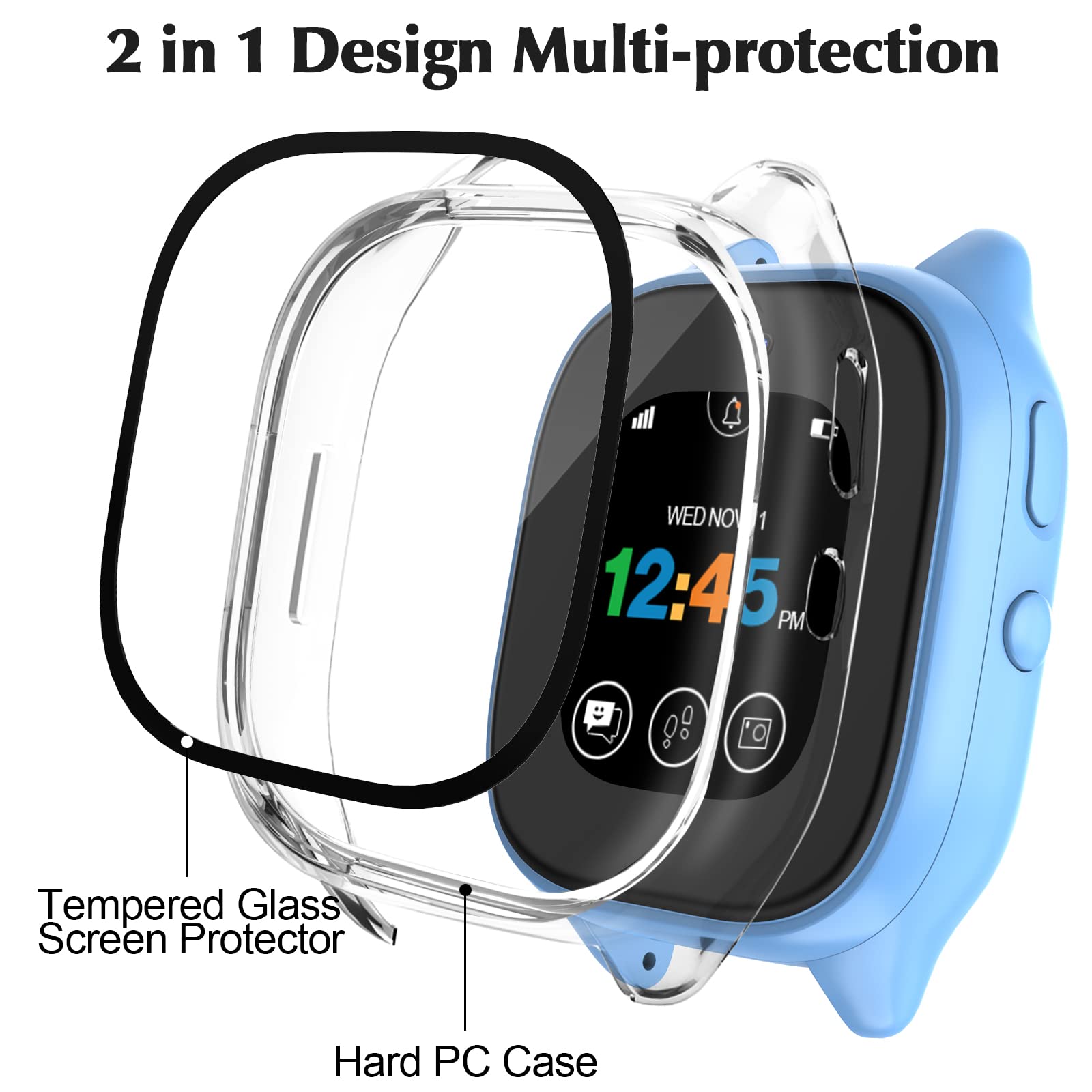 2-Pack Gizmo Watch 3 Screen Protector for Kids - Tempered Glass & Hard PC Full Coverage Protective Case (Clear) - Durable Scratch-Resistant Screen Guard for Verizon GizmoWatch 3 - Perfect for School, Play & Outdoor Activities