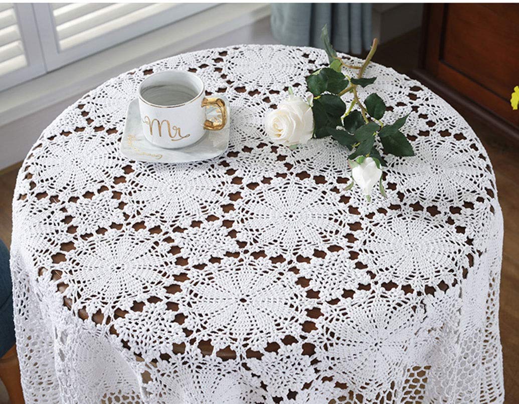Handmade 100% Cotton Crochet Tablecloth - Round, Square, Rectangular Lace Doilies & Table Covers in White & Beige (180cm Diameter) - Perfect for Dining Tables, Coffee Tables & Wedding Decor