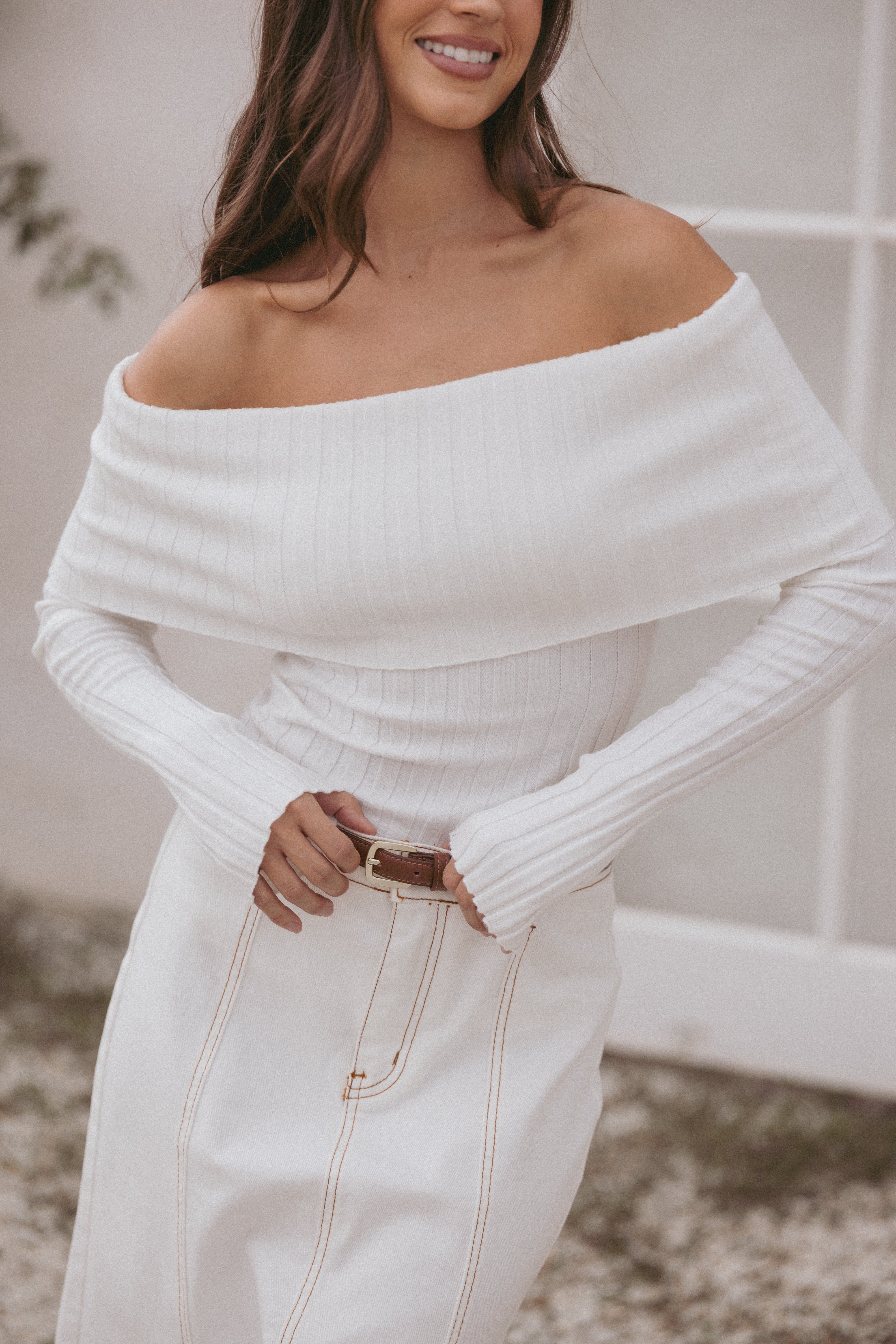 Inora Women's Off Shoulder Knit Top - Soft Stretchy White Sweater for Casual Wear & Date Night Outfits