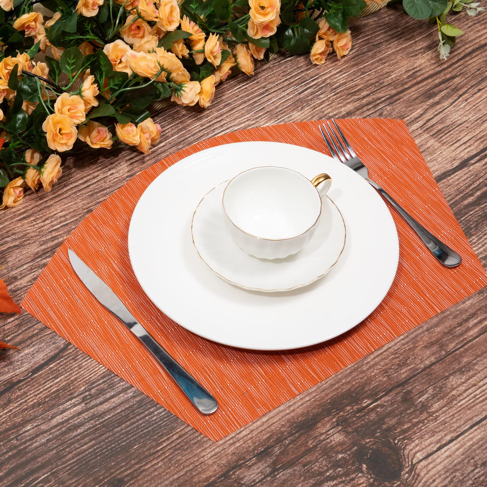 SHACOS 4-Pack Round Vinyl Placemats - Heat Resistant, Wipe Clean Table Mats for Dining - Wedge Design in Orange - Perfect for Kitchen, Restaurant & Outdoor Use