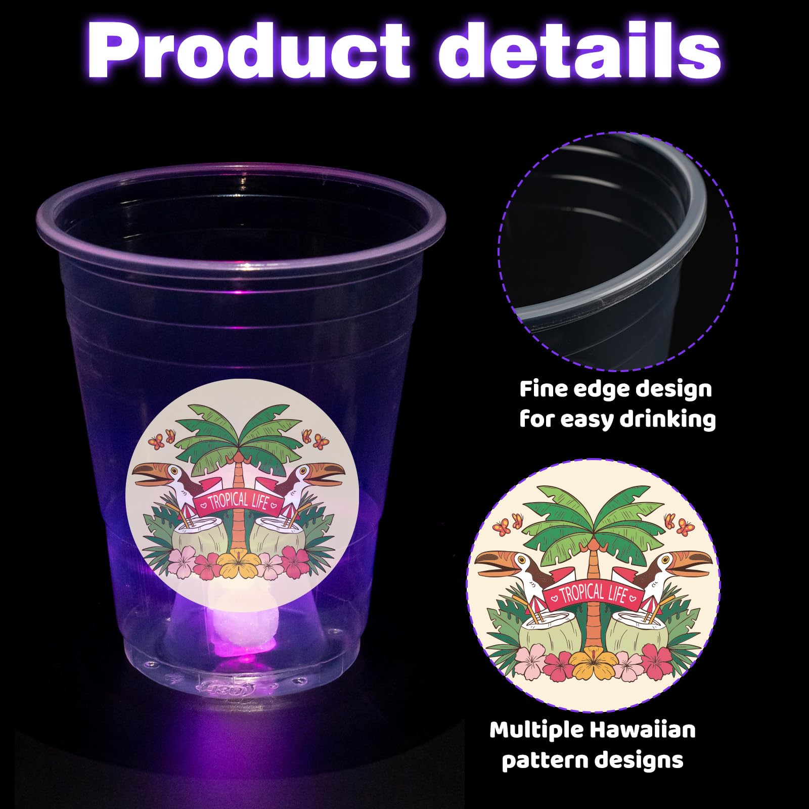 25 Glow in the Dark Plastic Tiki Party Cups - 16oz Hawaiian Luau Cups for Tropical Themed Parties, Birthday Decorations & Moana Celebrations - Perfect for Beach Parties, Poolside Gatherings & Summer Events