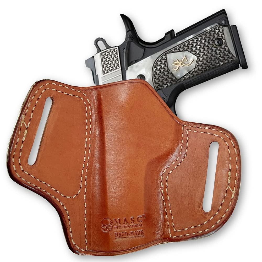 Premium Leather OWB Pancake Holster for Browning 1911-380 Non-Railed | Open Top Design | Right Hand Draw | Brown Color | Concealed Carry & Range Use