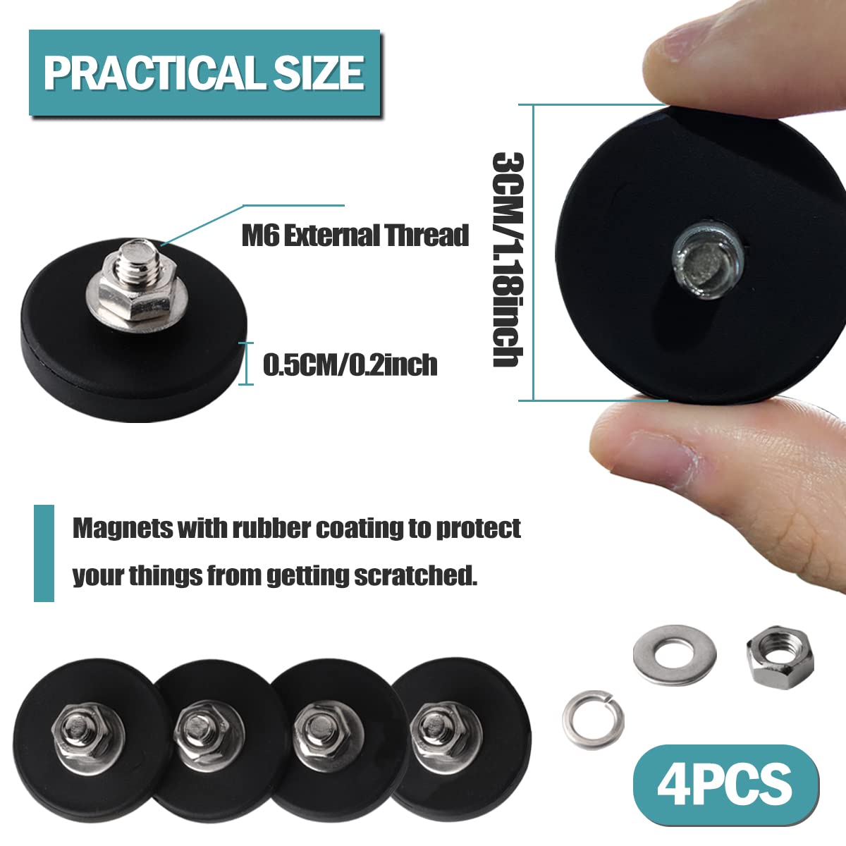 4pcs Heavy Duty Rubber Coated M6 Threaded Magnets - Strong Mounting Magnets with Bolts for Lights, Cameras, Vans & Devices | Secure Installation for Automotive, Home & Office Use
