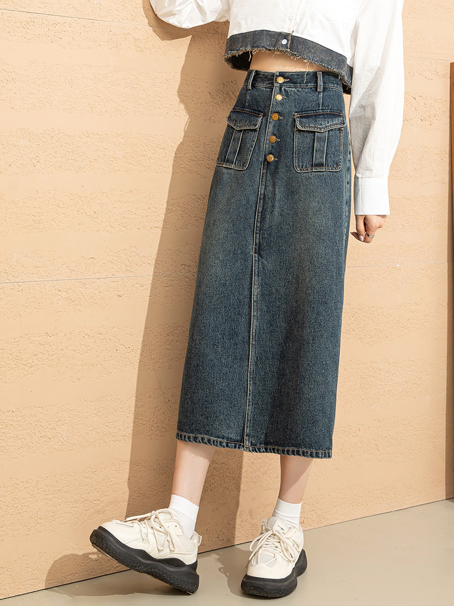 High Waist Denim Skirt for Women - Stretchy Work Skirt with Pockets - Perfect for Office, Casual Wear & Date Nights