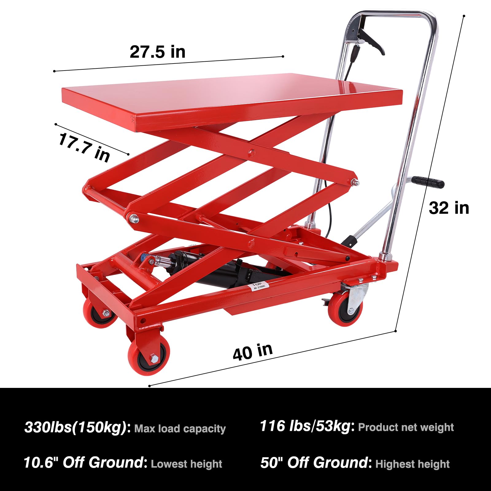 Heavy Duty Hydraulic Lift Table Cart 330 lbs Capacity - Adjustable Height 10.6'' to 50'' - Double Scissor Lift with Anti-Slip Platform & 4 Locking Wheels - Industrial Material Handling Equipment for Warehouse, Workshop, Garage, Loading Dock - Red