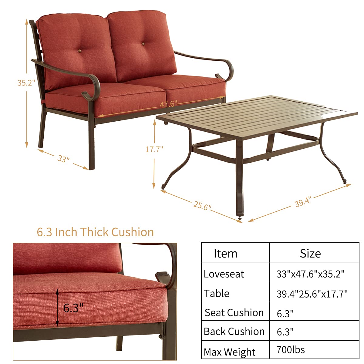 PatioFestival 2-Person Outdoor Loveseat Bench with 6.3 Inch Cushion & Coffee Table - All-Weather Steel Frame for Garden, Patio, and Backyard Relaxation