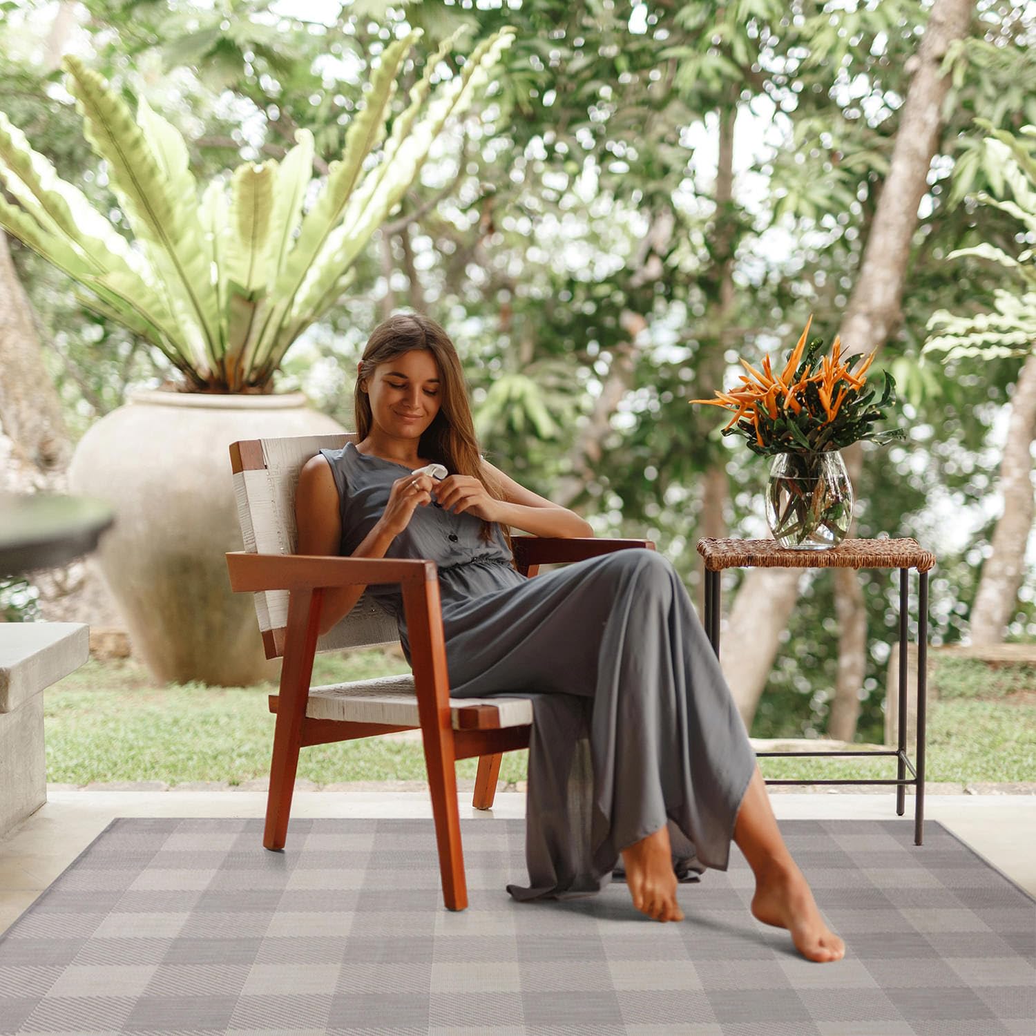 CAMILSON 5x7 Outdoor Rug - Modern Non-Shedding Washable Area Carpet for Patio, Deck, Kitchen & Hallway - Buffalo Grey/White Design - Perfect for Outdoor Entertaining & Indoor Decor