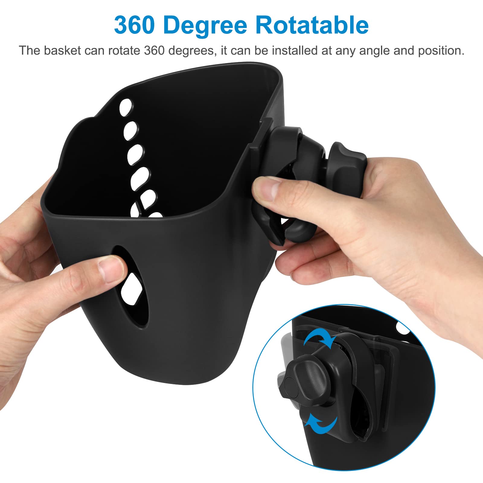 Universal 360° Rotatable Large Cup Holder for Stroller, Bike, Wheelchair & Walker - Durable Drink Holder Basket with Wide Opening | Perfect for Parents, Cyclists & Mobility Aid Users