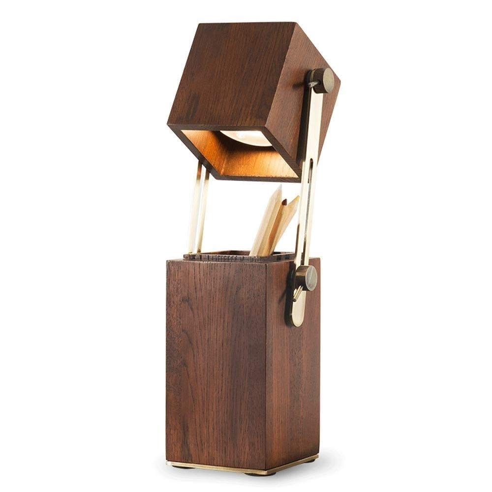 Modern Adjustable Solid Wood Reading Desk Lamp with Storage Pen Holder - Study & Office Lighting, Bedside Lantern with E27 Fixture (Black Walnut) - Perfect for Home Office, Dorm Room & Nightstand Reading