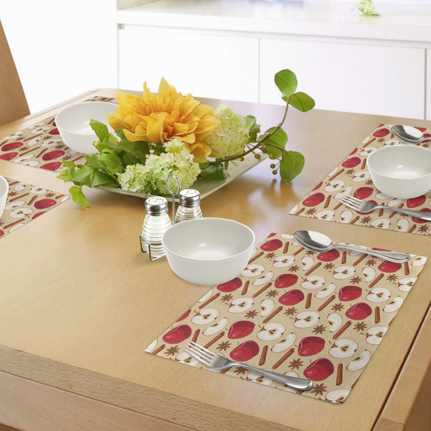 Ambesonne Apple Place Mats Set of 4 - Quartered & Halved Apples with Cinnamon Sticks Design, Washable Fabric Table Mats for Dining Room & Kitchen Decor (Beige Cinnamon Red) - Perfect for Fall Decorations, Thanksgiving Dinner & Cozy Family Gatherings