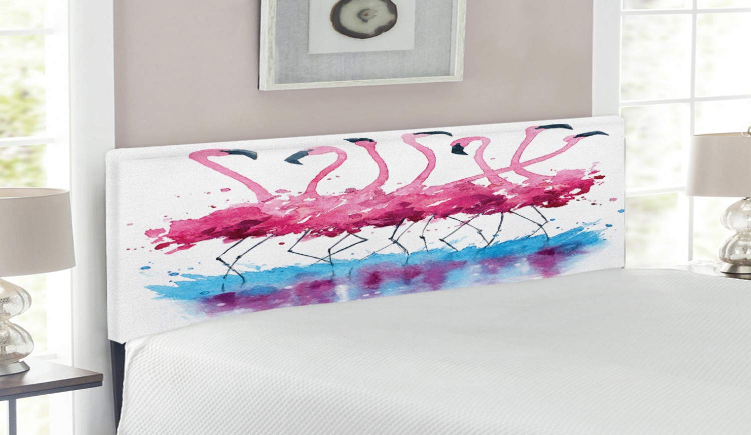 Ambesonne Flamingo Love Birds Feather Watercolor Headboard - Queen Size Upholstered Metal Bed Frame with Memory Foam in Pink Blue Purple | Romantic Bedroom Decor for Master & Guest Rooms