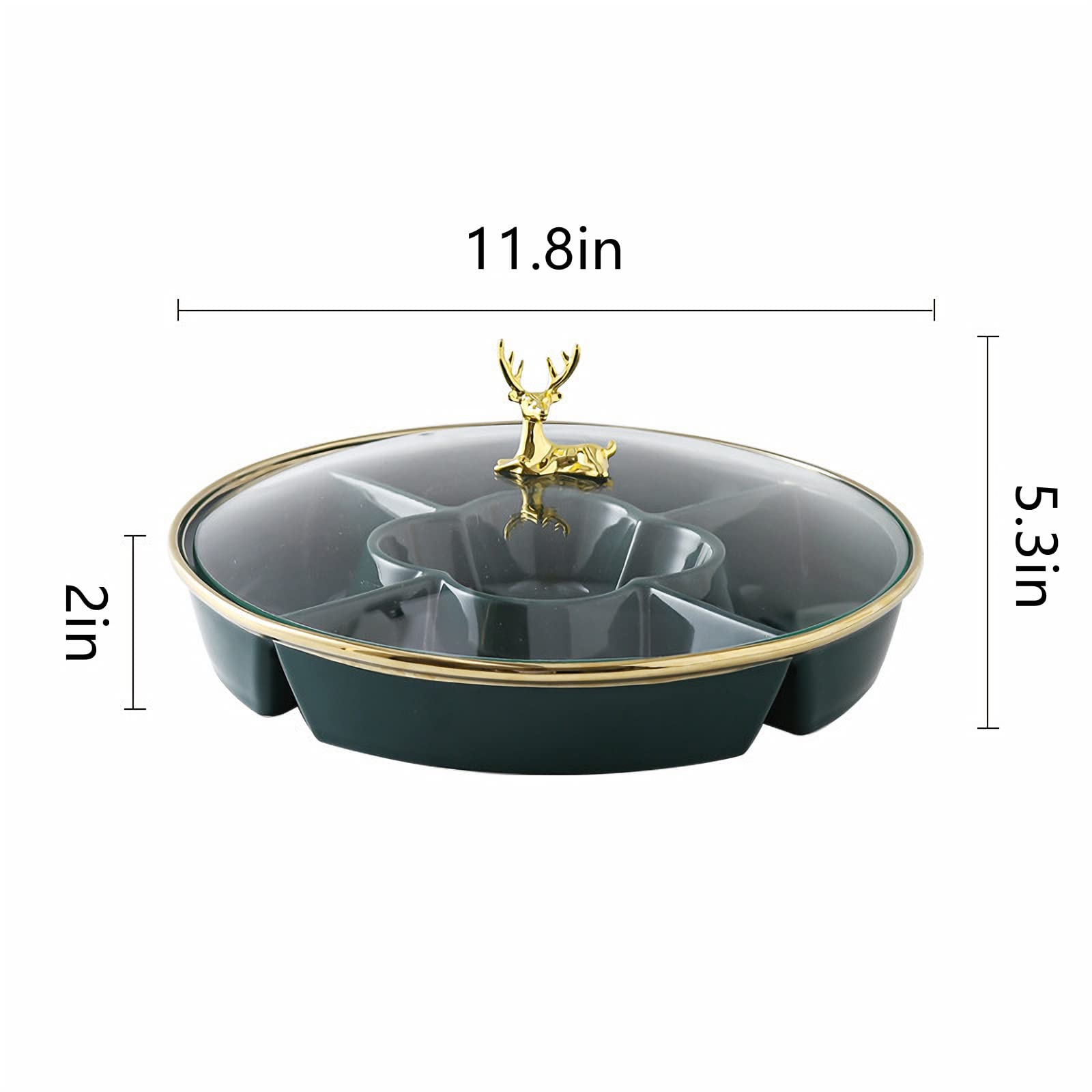 Ceramic Snack Tray with Lid - Dried Fruit, Nut & Candy Serving Plate - Appetizer Divider Container - Green (Perfect for Parties, Picnics & Home Entertaining)