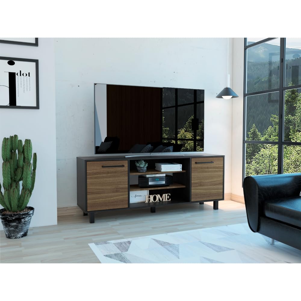 Tuhome Kaia TV Stand for TVs up to 55 Inches with 4 Shelves and 3 Drawers - Black/Pine Wood - Perfect for Living Room, Bedroom, or Home Theater Setup
