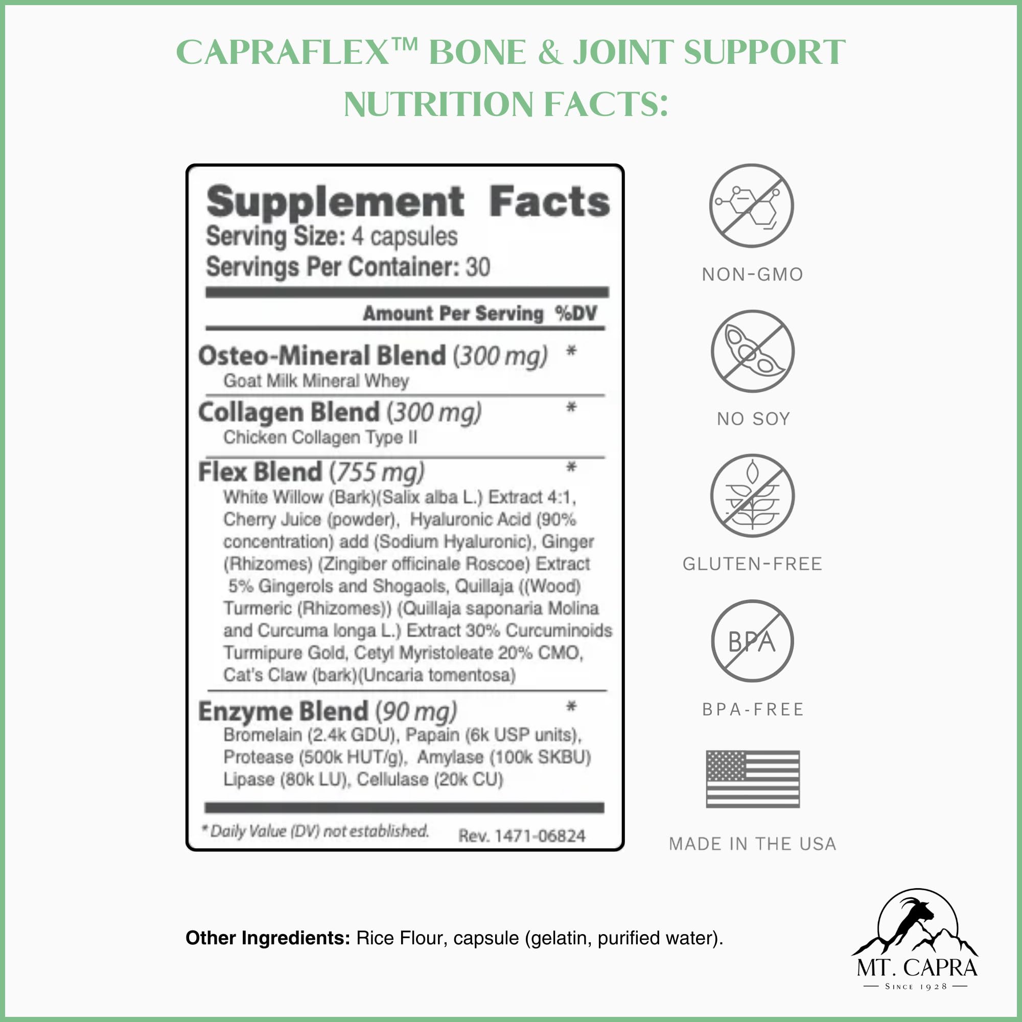 CapraFlex by Mt. Capra | Natural Joint Support Supplement with Chicken Collagen, Hyaluronic Acid, Turmeric & Herbs | Supports Bone Health & Joint Mobility | 30 Servings (120 Capsules) | Ideal for Active Lifestyles, Athletes & Aging Adults