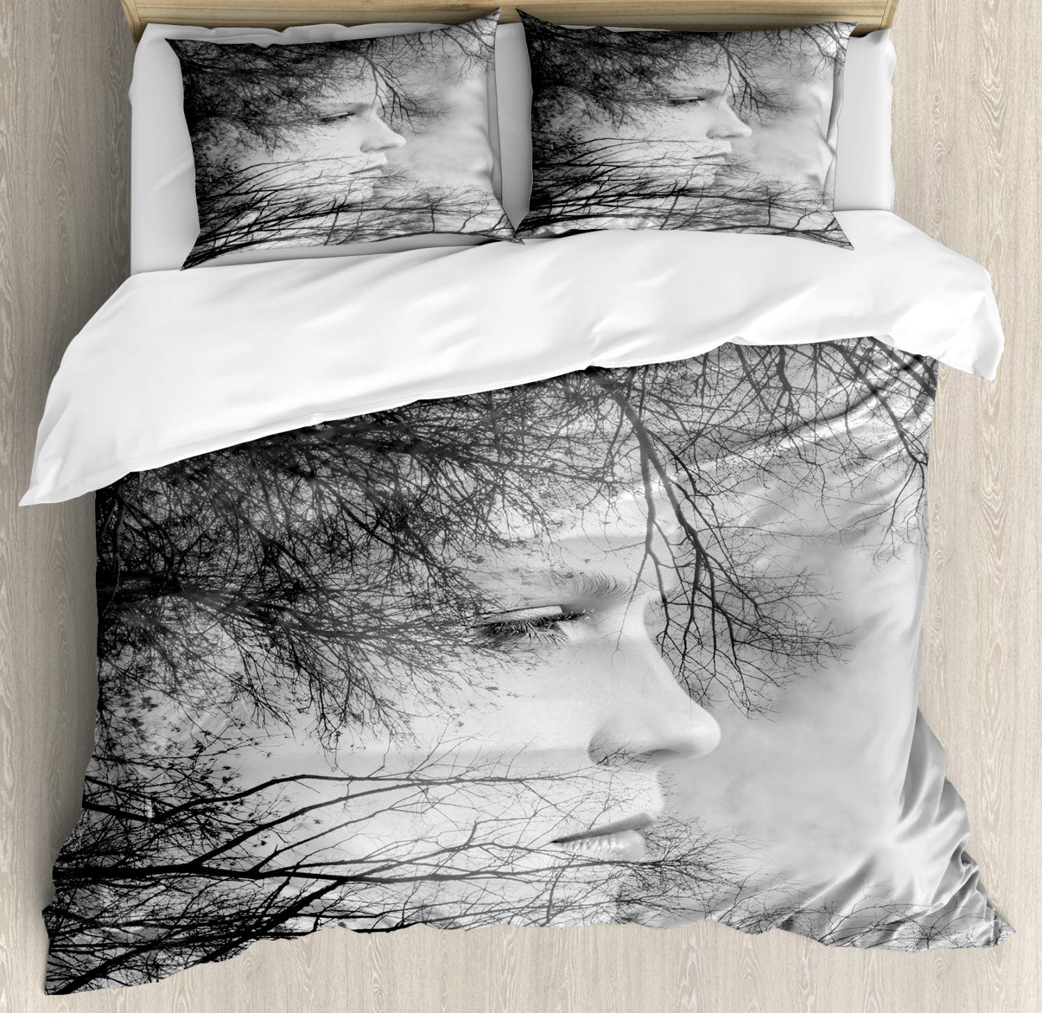 Ambesonne Black and White Duvet Cover Set - Queen Size 3-Piece Bedding with Double Exposure Print of Woman Face Among Tree Branches, Includes 2 Pillow Shams | Modern Home Decor for Master Bedroom, Guest Room & Dorm | Soft & Stylish Black White Design