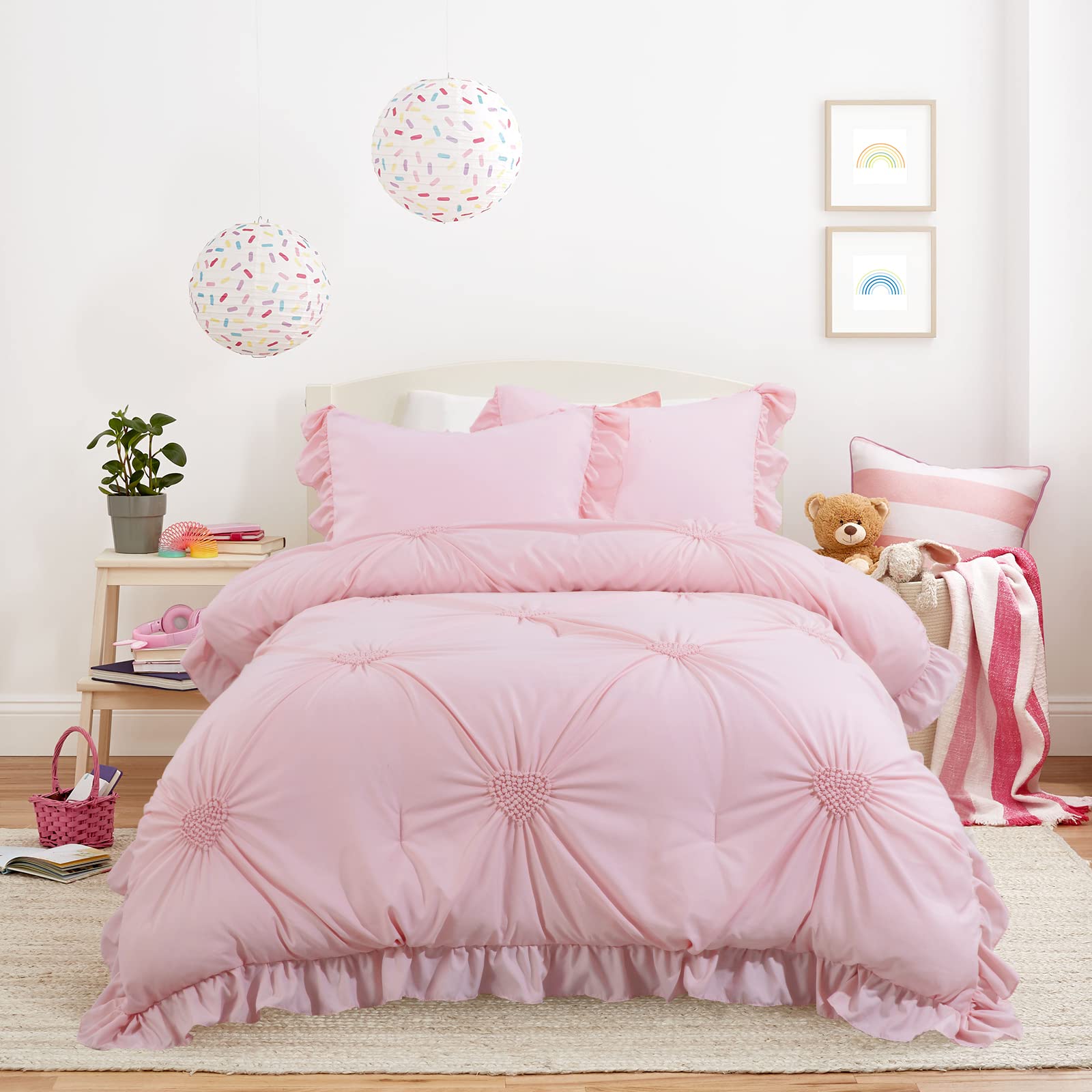 HOMBYS Pink Comforter Set for Girls - 3 Piece Blush Pinch Pleat Bedding with Ruffles, Full/Queen Size, All Season Soft & Cozy - Perfect for Kids Bedroom, Teen Room Decor & Gift Ideas