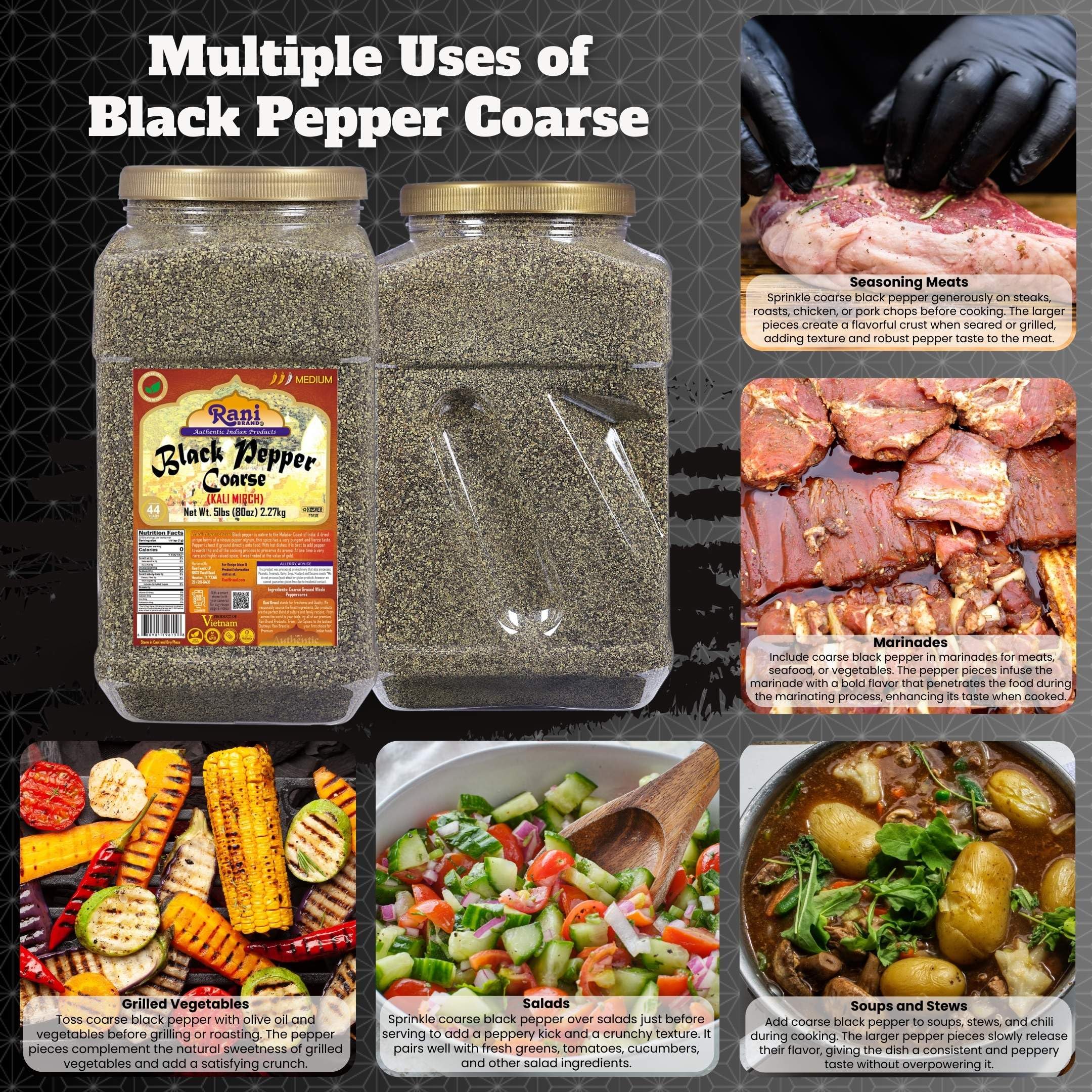 Rani Black Pepper Coarse Ground 28 Mesh (Table Grind) - 80oz (5lbs) 2.27kg Bulk PET Jar | All Natural, Vegan, Gluten Free, Non-GMO, Kosher Certified | Perfect for Cooking, Grilling & Seasoning